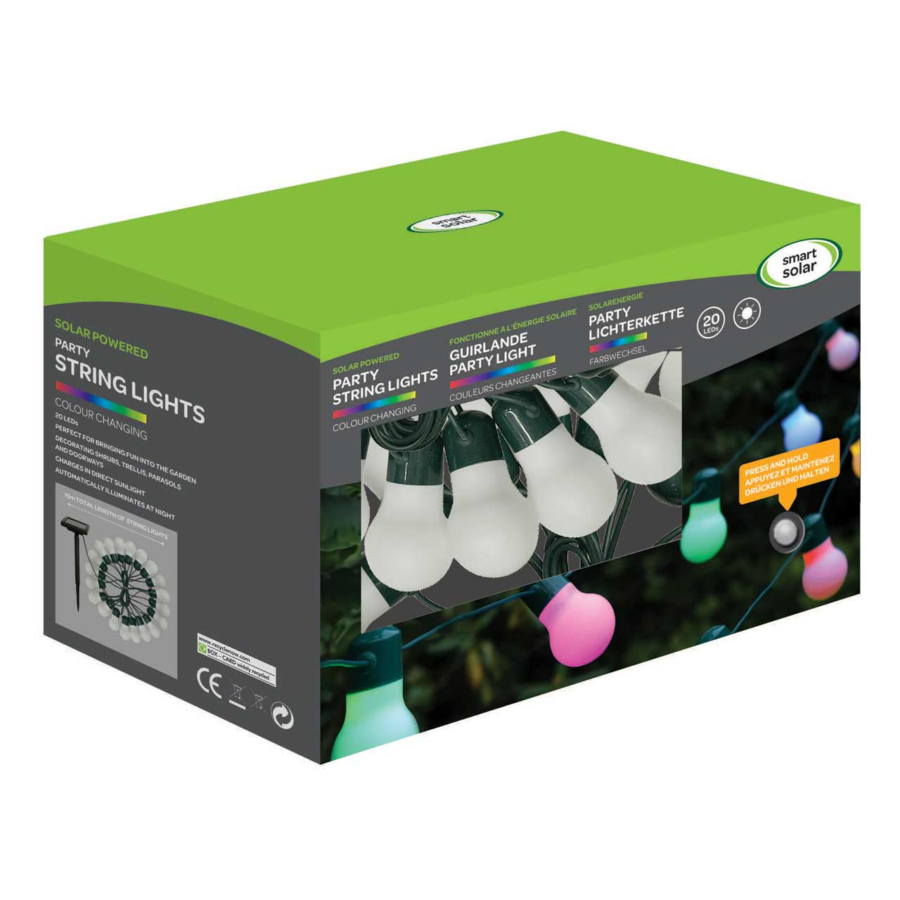 Solar Powered Party String Lights - 20 multicoloured LEDs