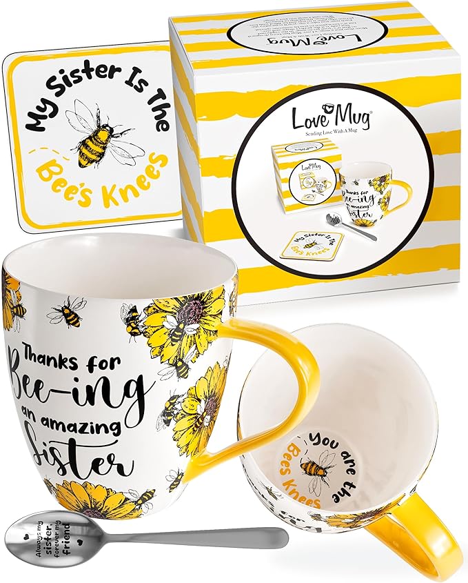 Love Mug®: Thanks For Bee-Ing An Amazing Sister Mug, Coaster and Spoon Gift Set