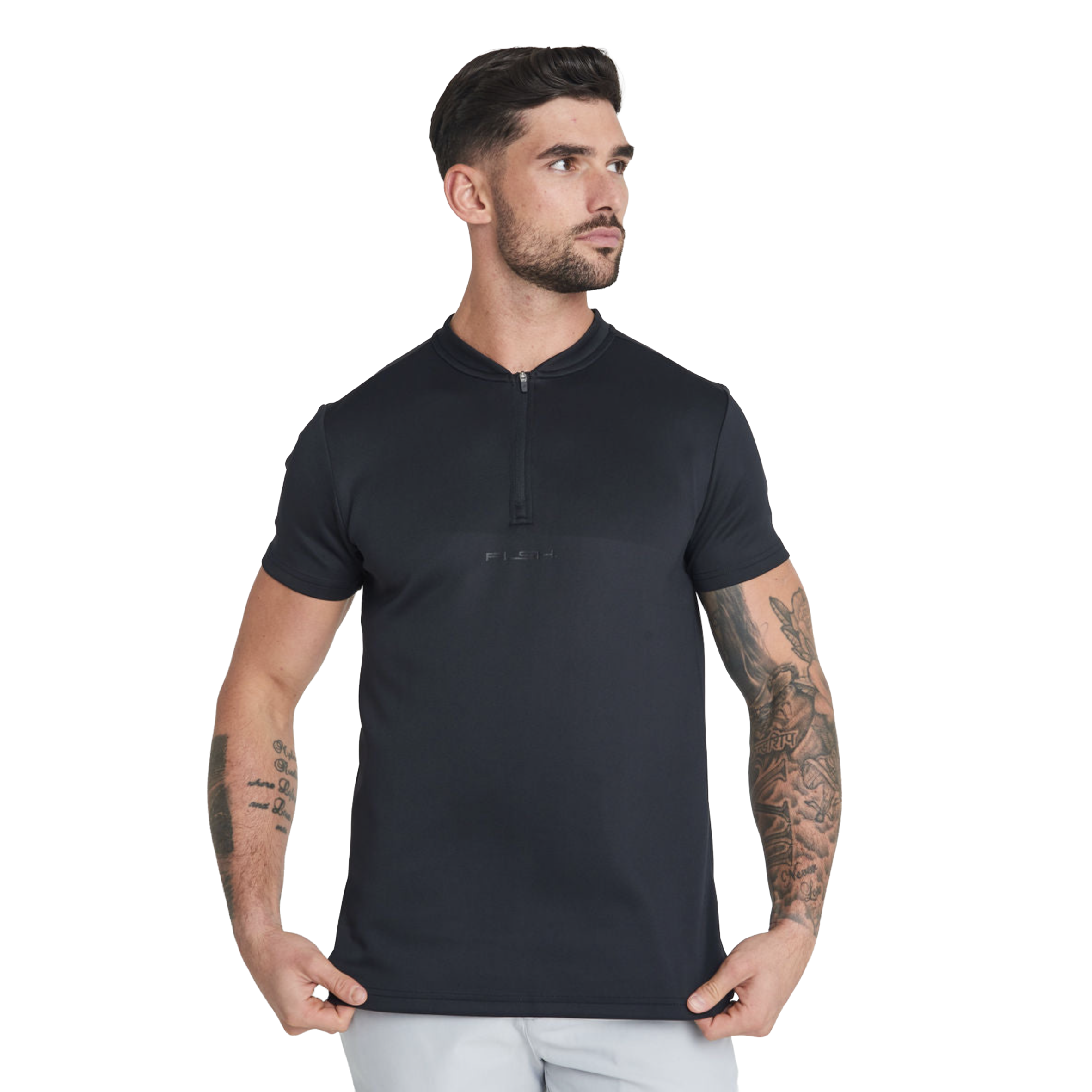 Men's Short Sleeve Low-Collar Zip Up Sport Shirt - Black