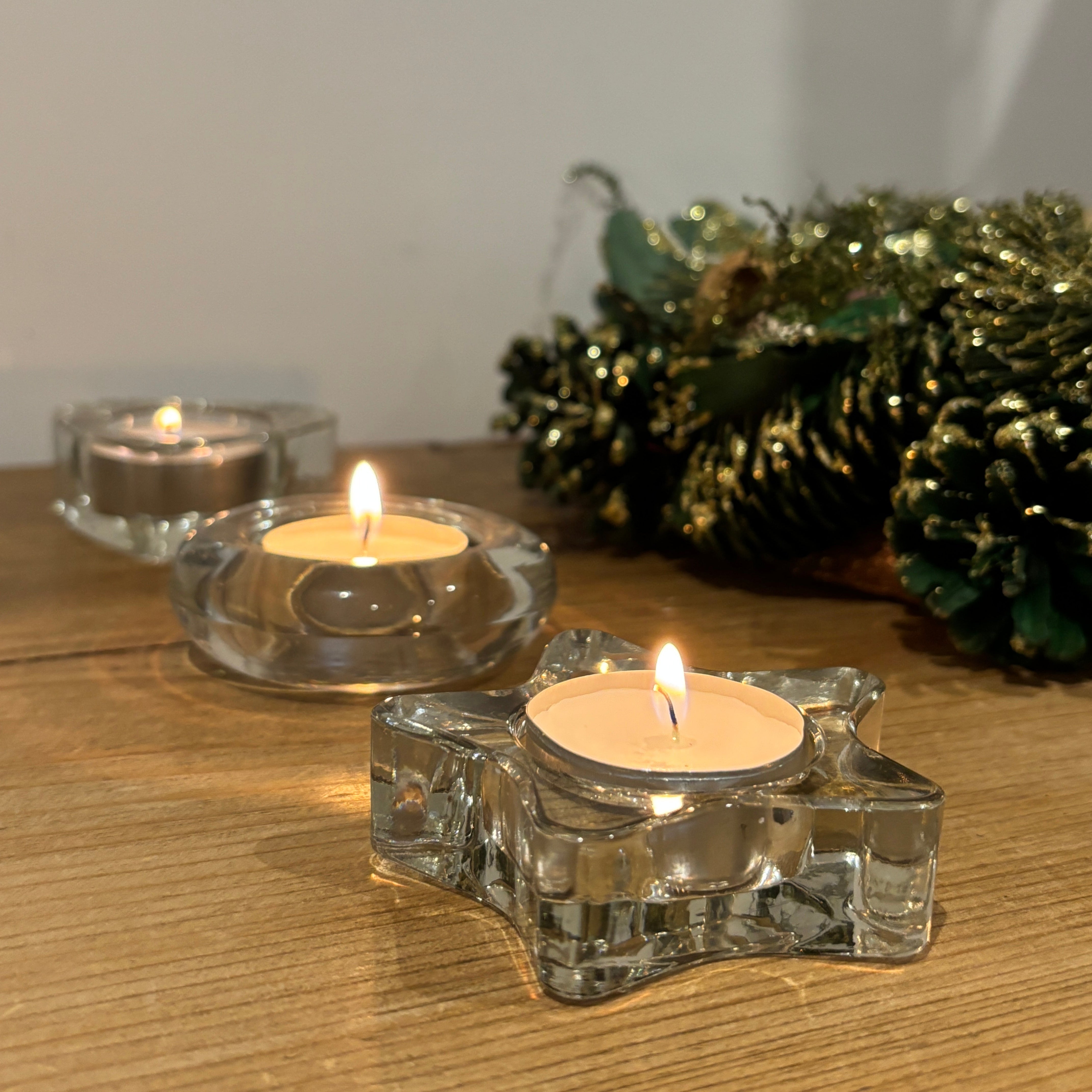 Set of 4 Clear Glass Tealight Holders, Various Shapes, Suitable for 4cm Diameter Tealights Candles
