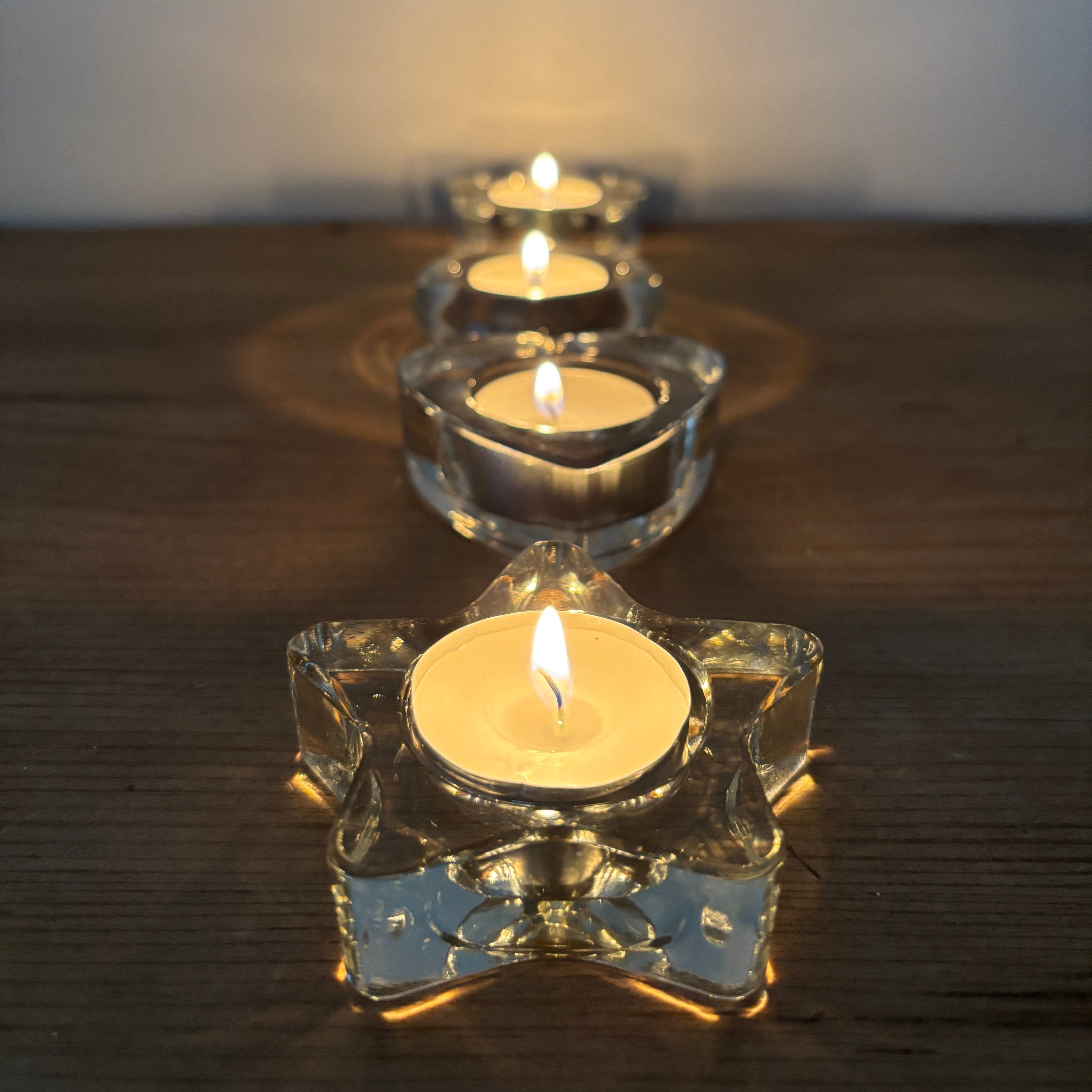 Set of 4 Clear Glass Tealight Holders, Various Shapes, Suitable for 4cm Diameter Tealights Candles