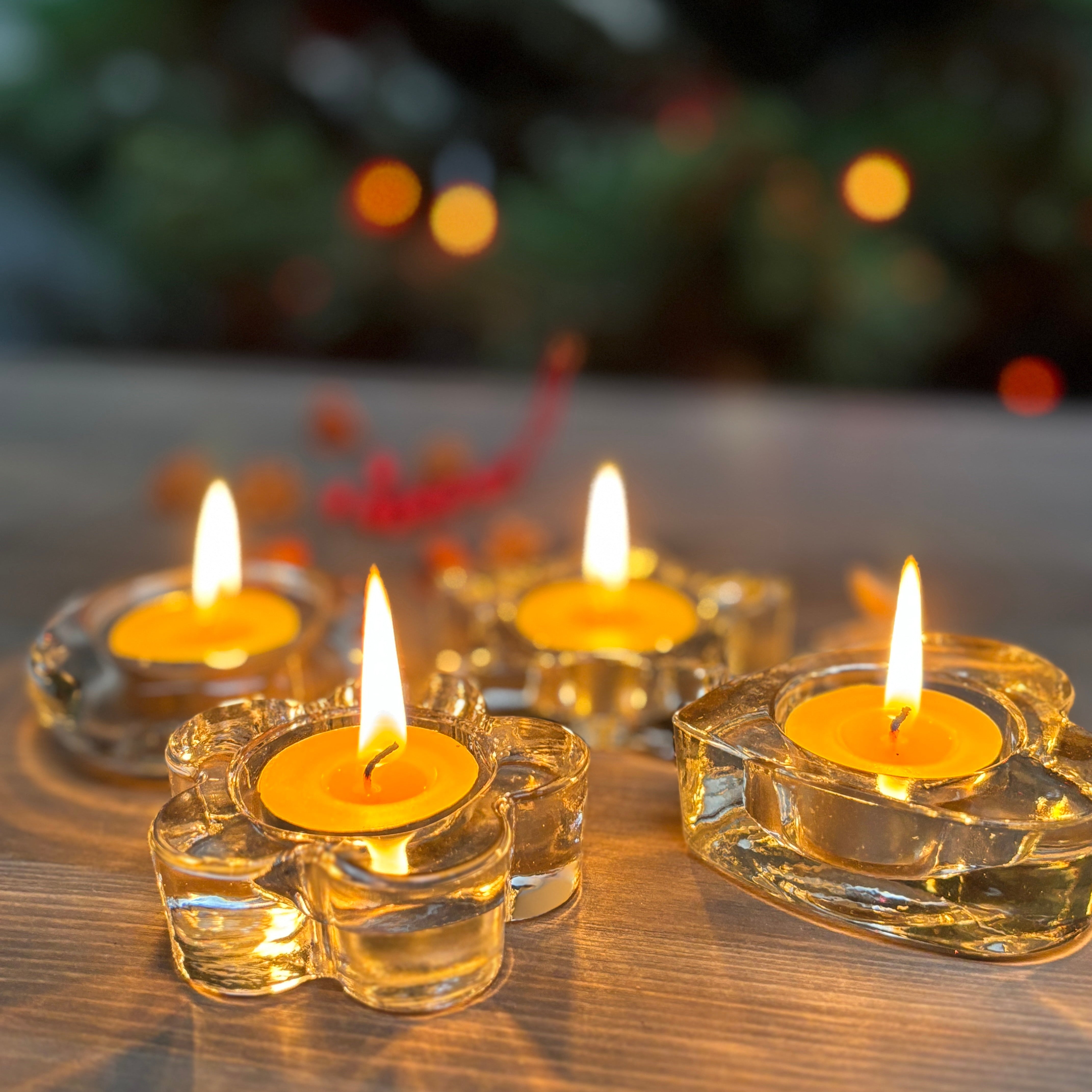 Set of 4 Clear Glass Tealight Holders, Various Shapes, Suitable for 4cm Diameter Tealights Candles
