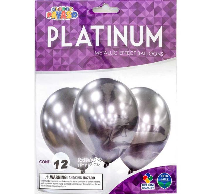 GLOBOS PAYASO Platinum Metallic Silver 11" Balloons - Pack of 12