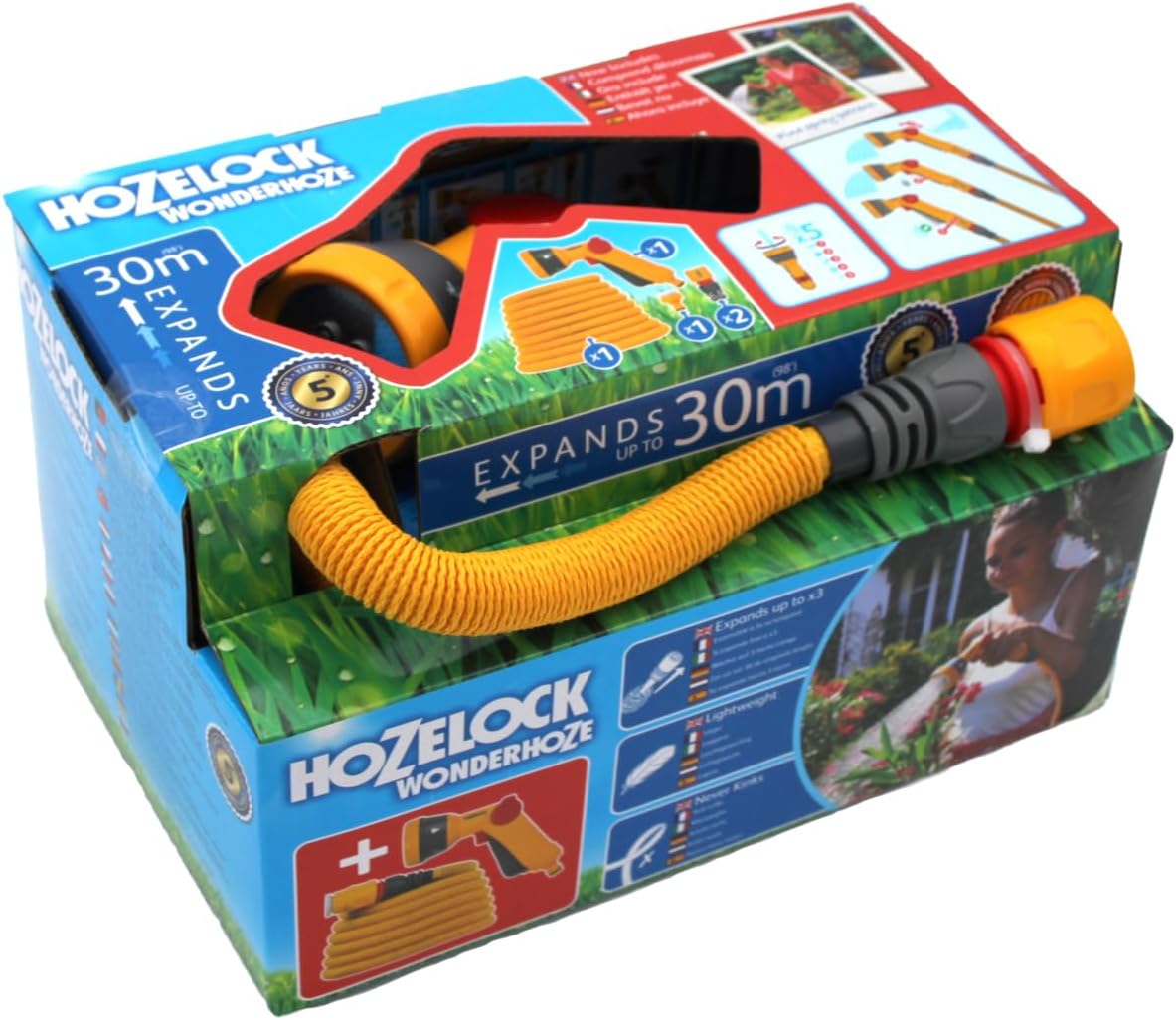 Hozelock - Wonderhoze Expanding Hose 30m with 2 Aquastop Fittings and Multispray Gun