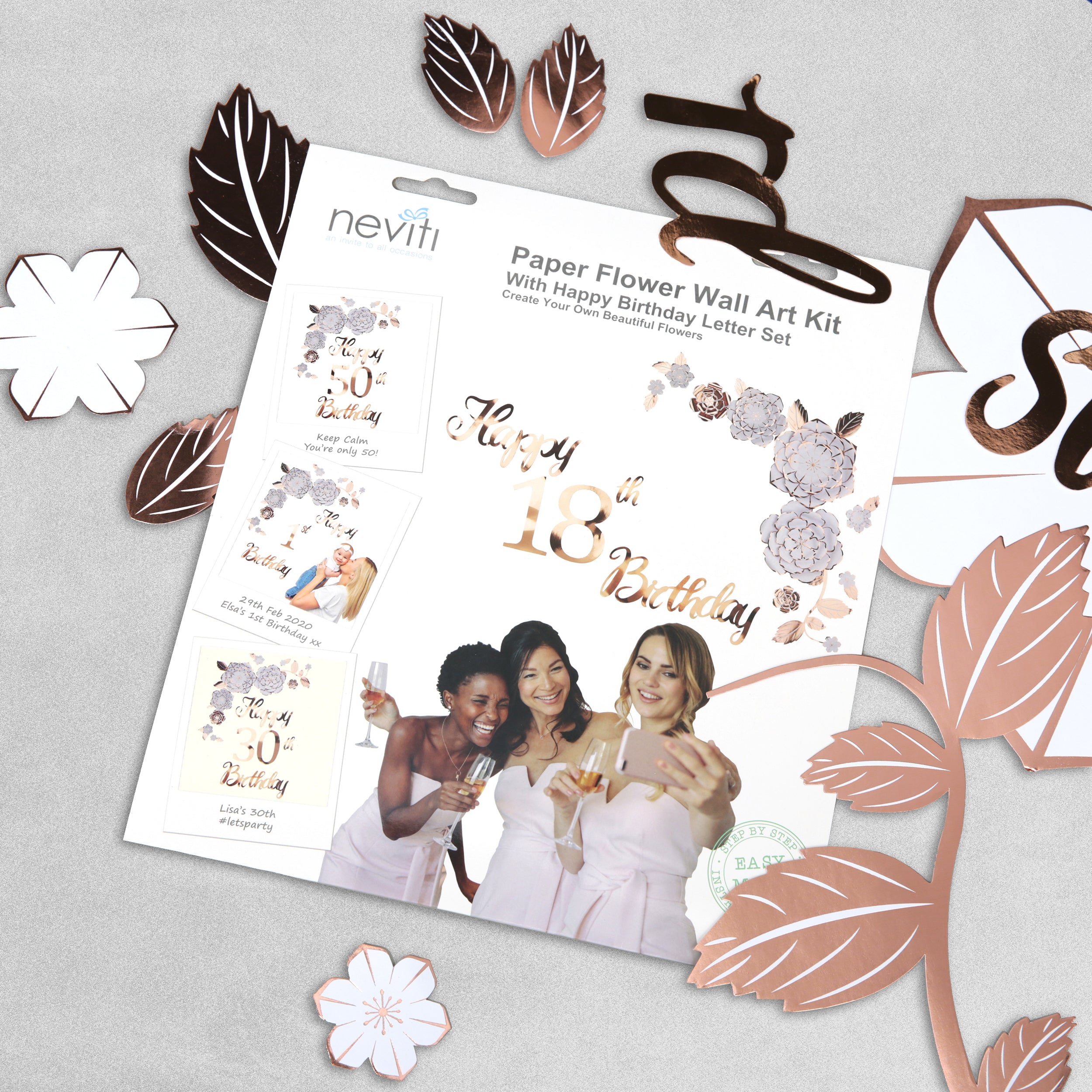 Paper Flower Decoration Wall Art Kit with Happy Birthday & Numbers - Rose Gold