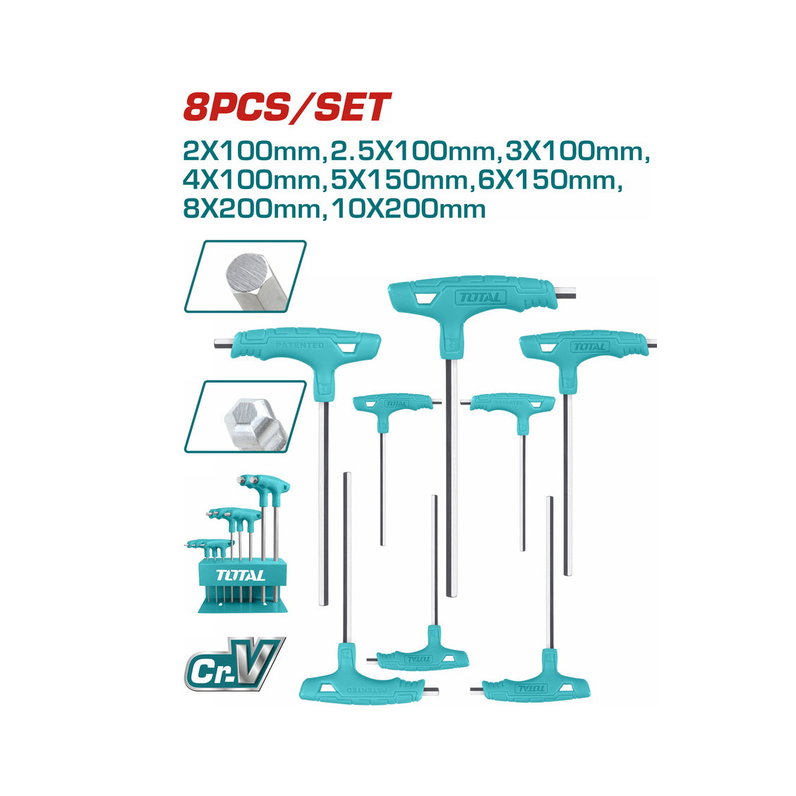 Total Industrial 8 Piece T-Handle Ball Point Hex Wrench Set - THHW80826