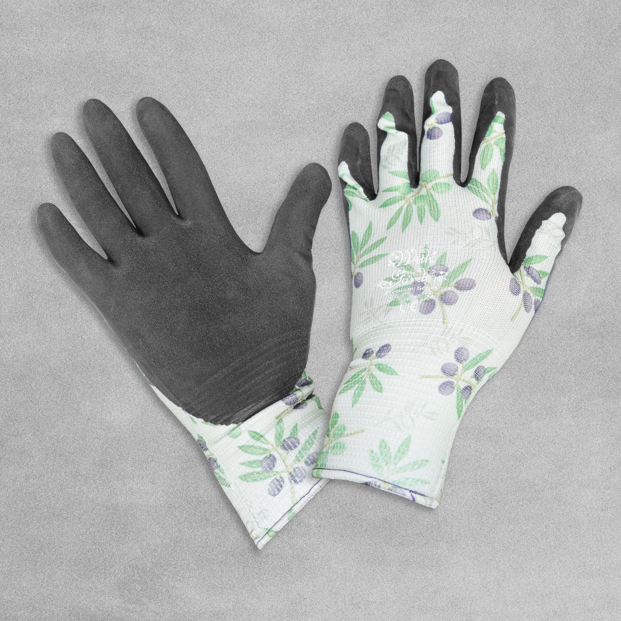 With Garden Premium Luminus Garden gloves - Green Olives design with black nitrile palm