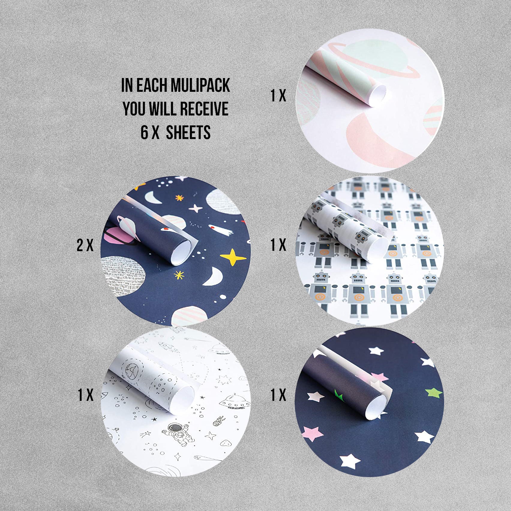 The Doodle Factory Space Wrapping Paper - Mixed Pack of 6 Sheets
