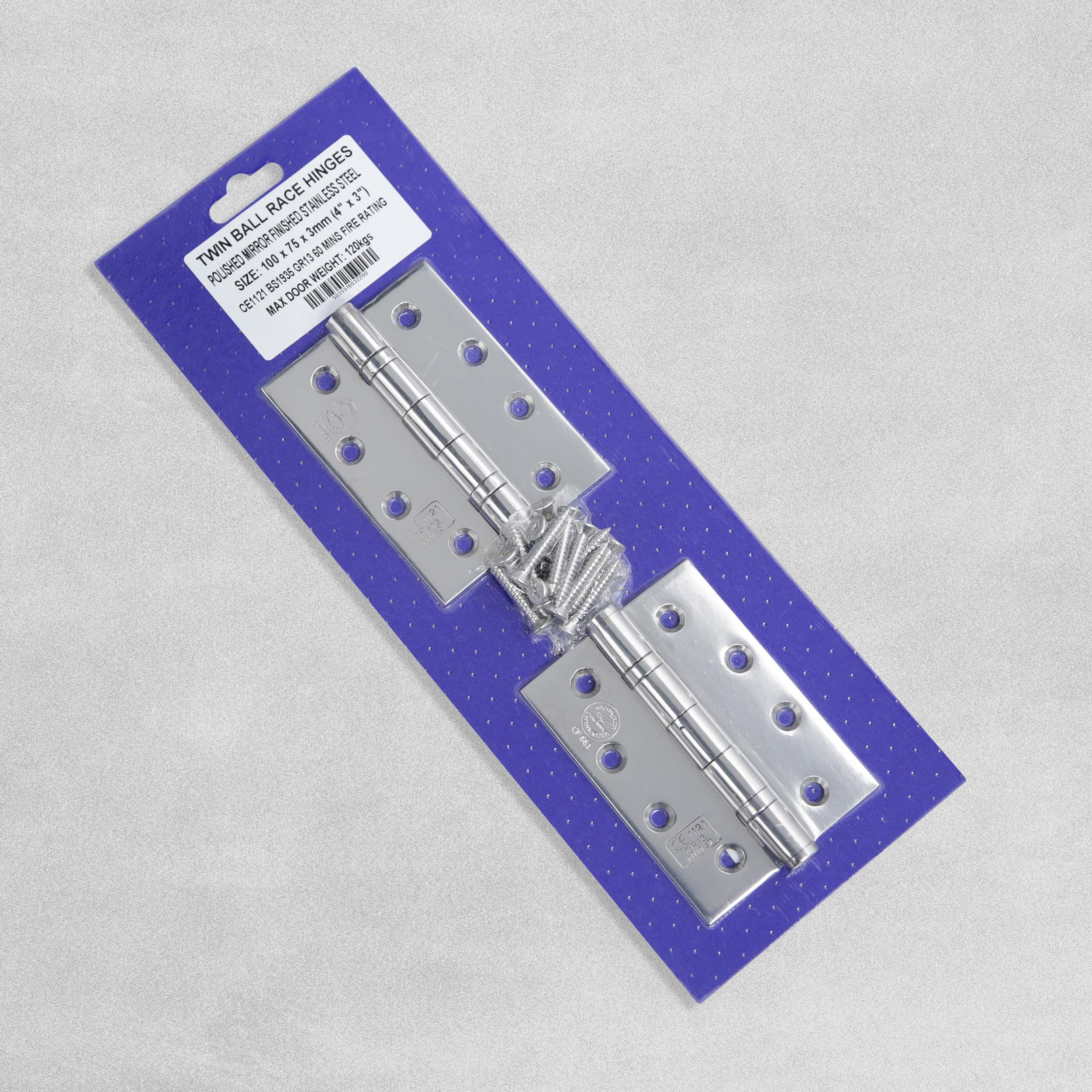 4" Polished Mirror Twin Ball Race Hinges with Fire Rating 100 x 75 x 3mm - Pack of 2