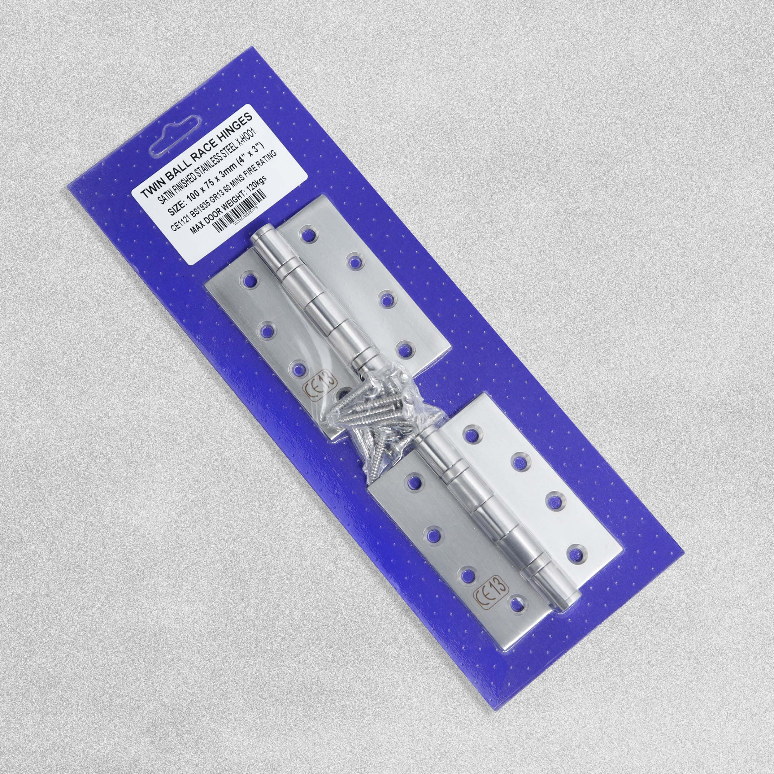 4" Satin Finished Twin Ball Race Hinges with Fire Rating 100 x 75 x 3mm - Pack of 2
