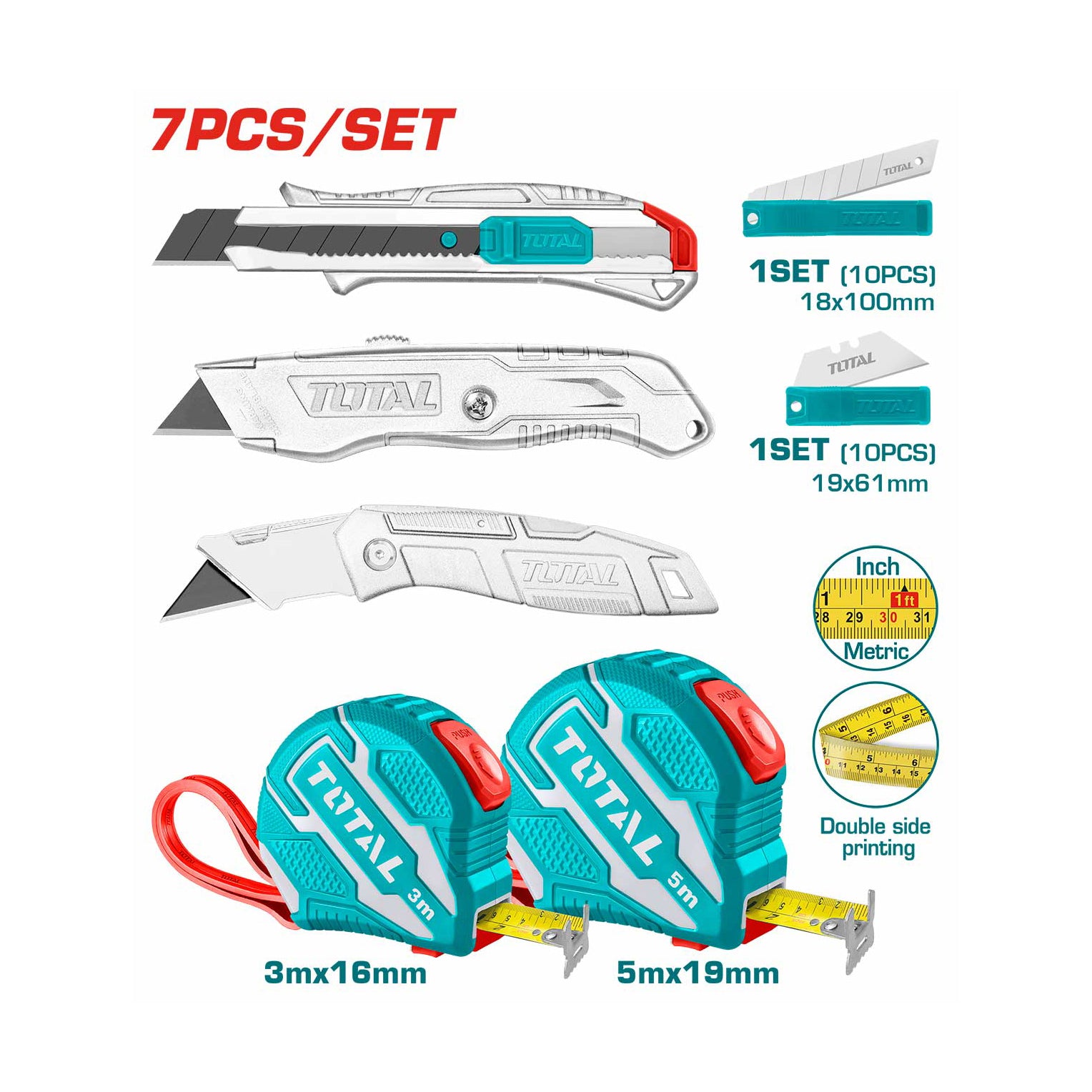 Total Measuring Tape and Utility Knife Set - 10pcs - TOS23036