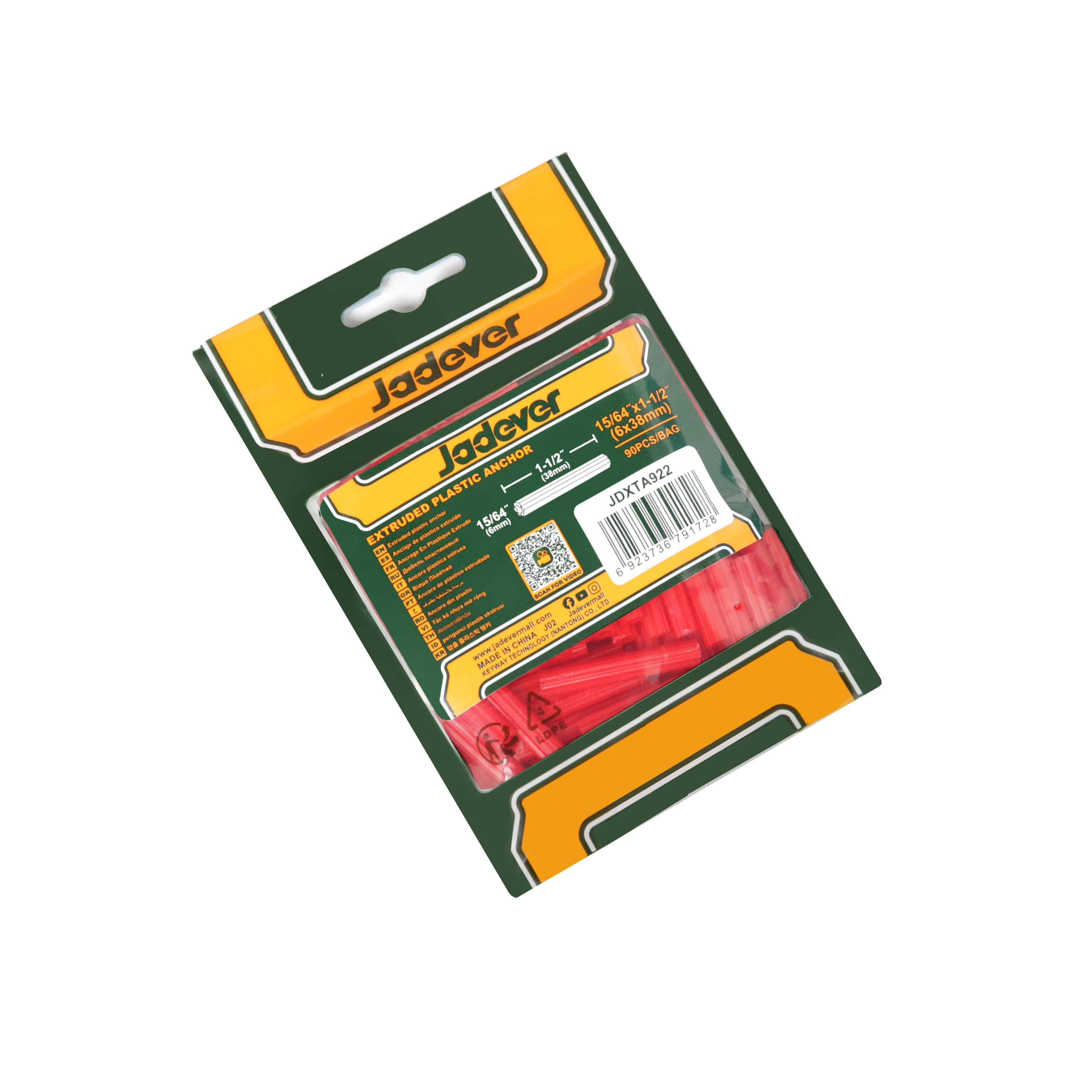 Jadever Extruded Plastic Anchor 6x38mm - 90pcs