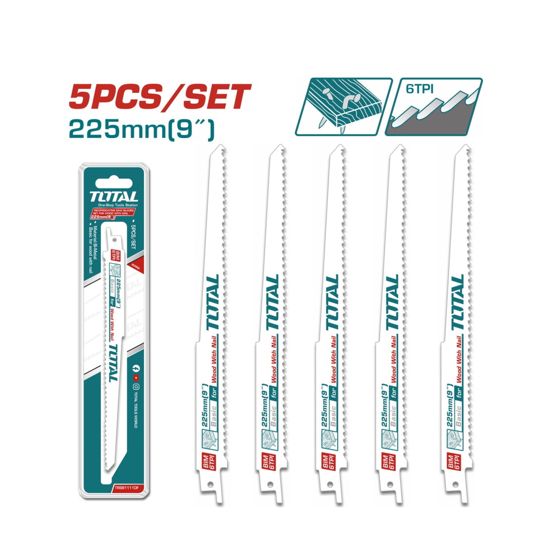 Total Reciprocating Saw Blades for Wood with Nail - 5pcs - TRSB1111DF