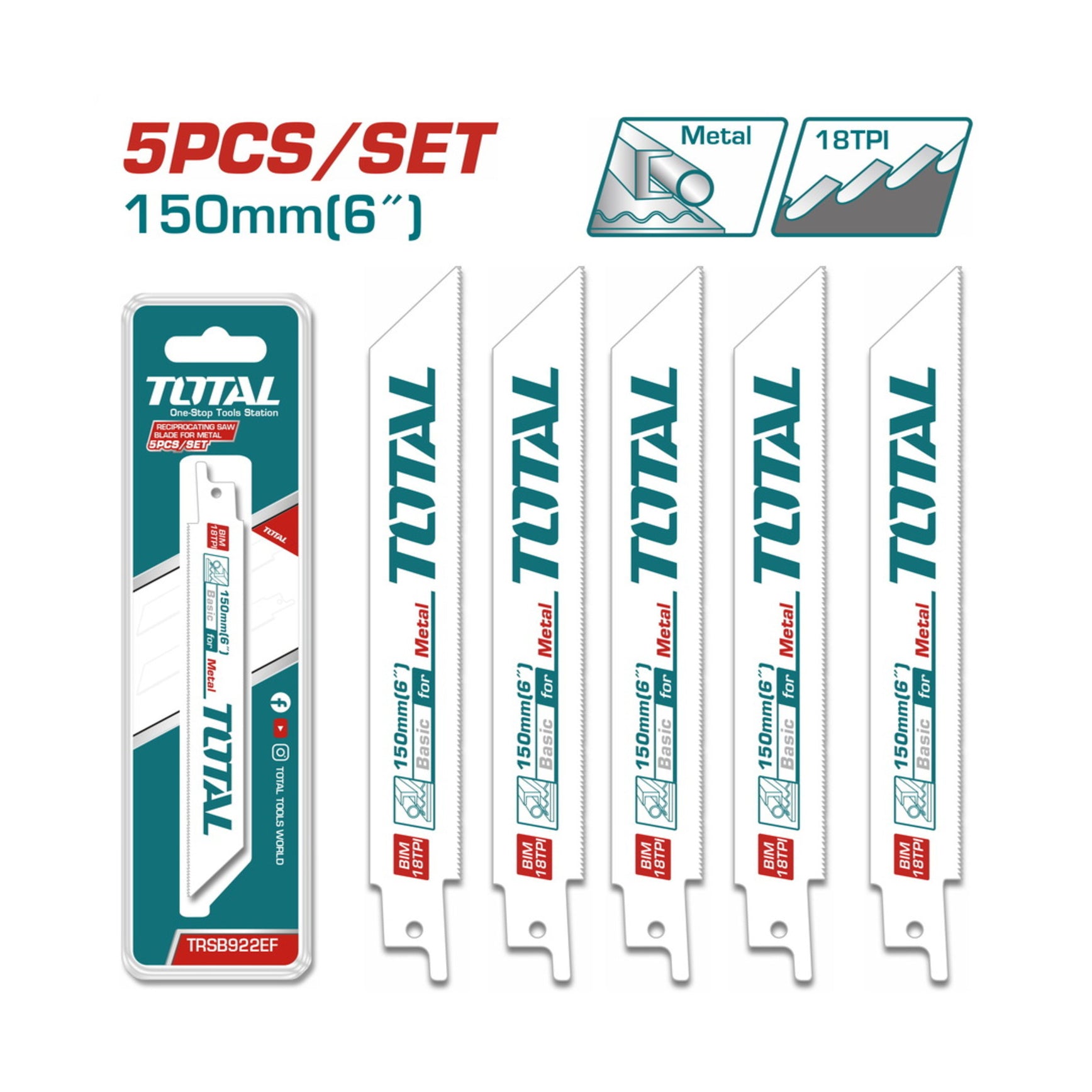 Total Reciprocating Saw Blades for Metal - 5pcs - TRSB922EF