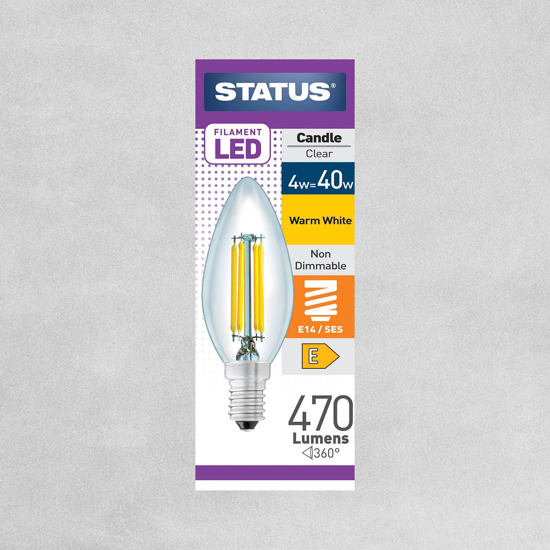 Status Filament LED Candle Clear Bulb E14/SES 4.5w=40w - Warm White