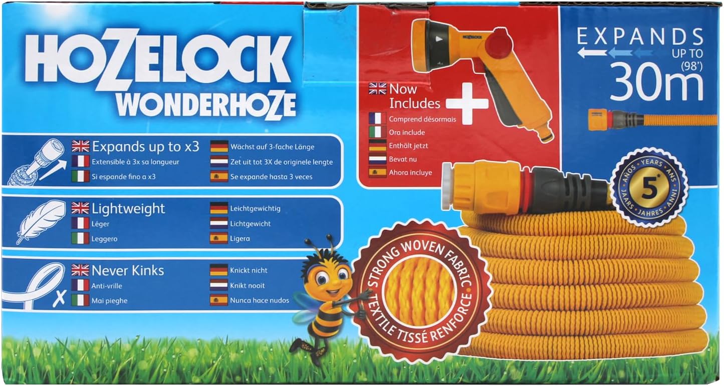 Hozelock - Wonderhoze Expanding Hose 30m with 2 Aquastop Fittings and Multispray Gun