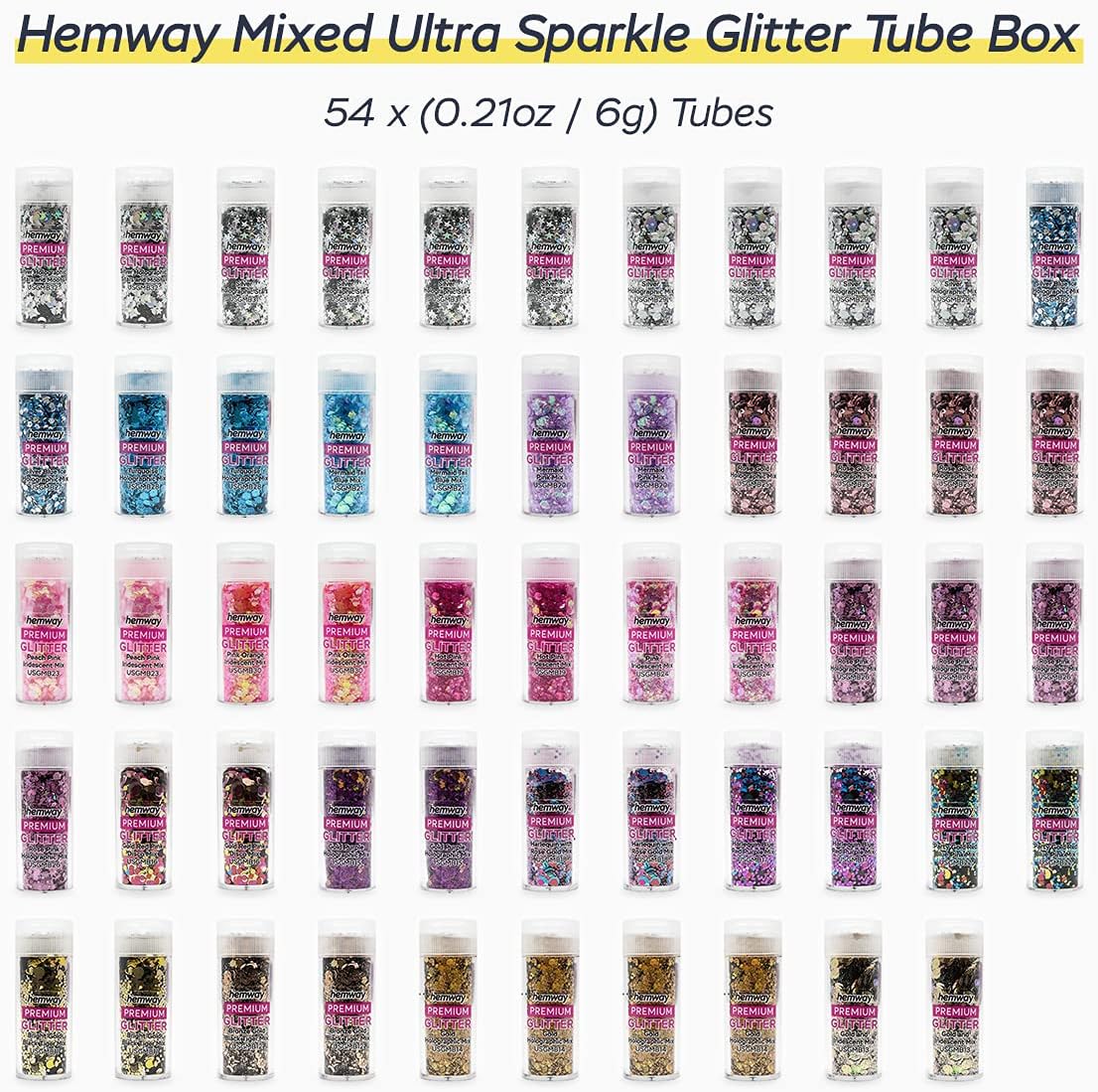Hemway Set of 54 ULTRA SPARKLE Glitter Tubes - Premium MIXED SIZE & SHAPE Multipurpose Glitter
