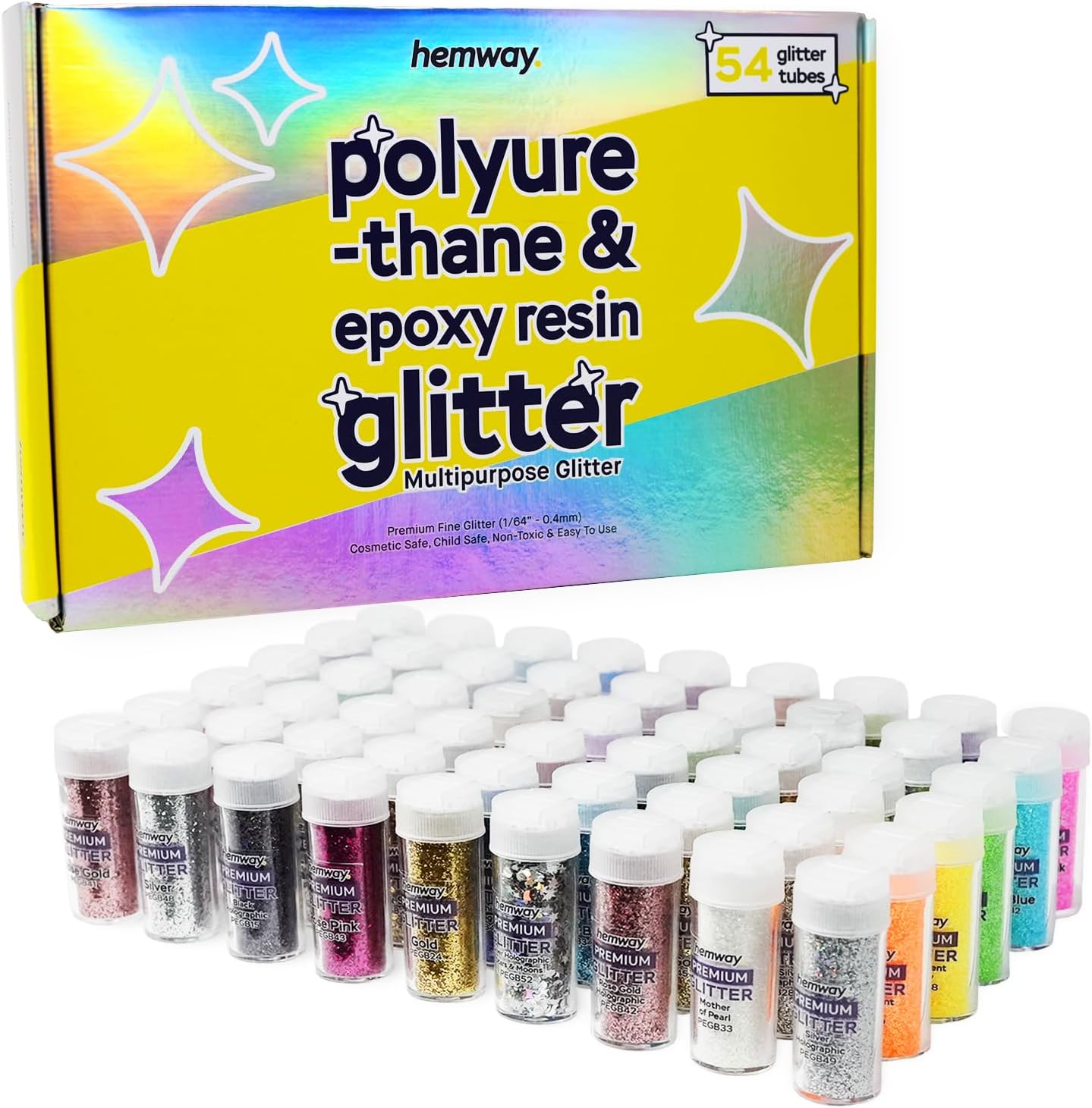 Hemway Set of 54 Glitter Tubes - Premium FINE Multipurpose Glitter
