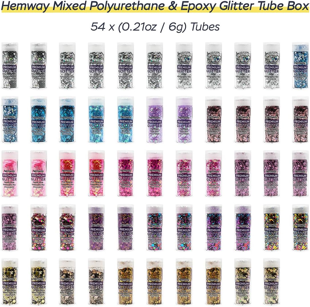 Hemway Set of 54 Glitter Tubes - Premium MIXED SIZE & SHAPE Multipurpose Glitter
