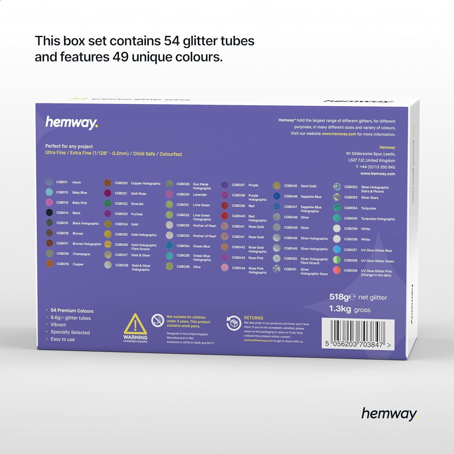 Hemway Set of 54 Glitter Tubes - Premium ULTRA FINE Multipurpose Craft Glitter