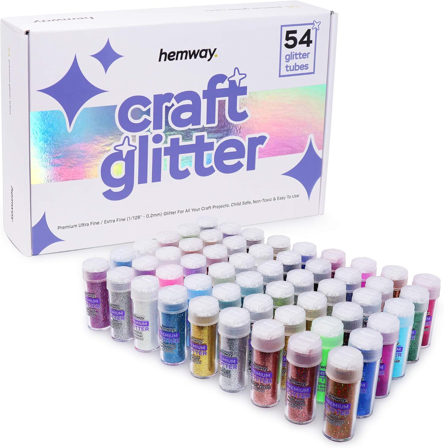 Hemway Set of 54 Glitter Tubes - Premium ULTRA FINE Multipurpose Craft Glitter