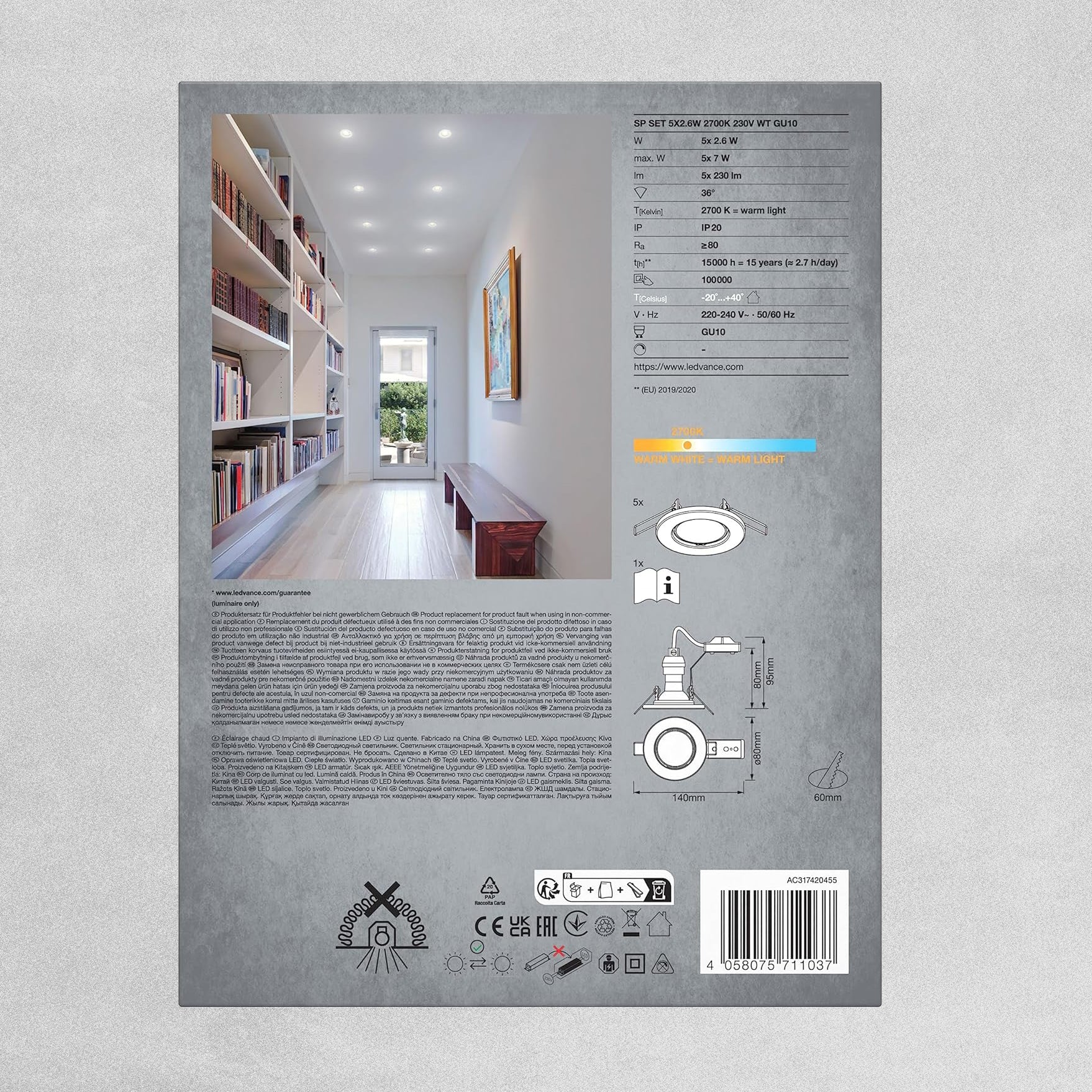 Ledvance 5X Spotlight Recess Set Incl Osram LED 2.6W GU10