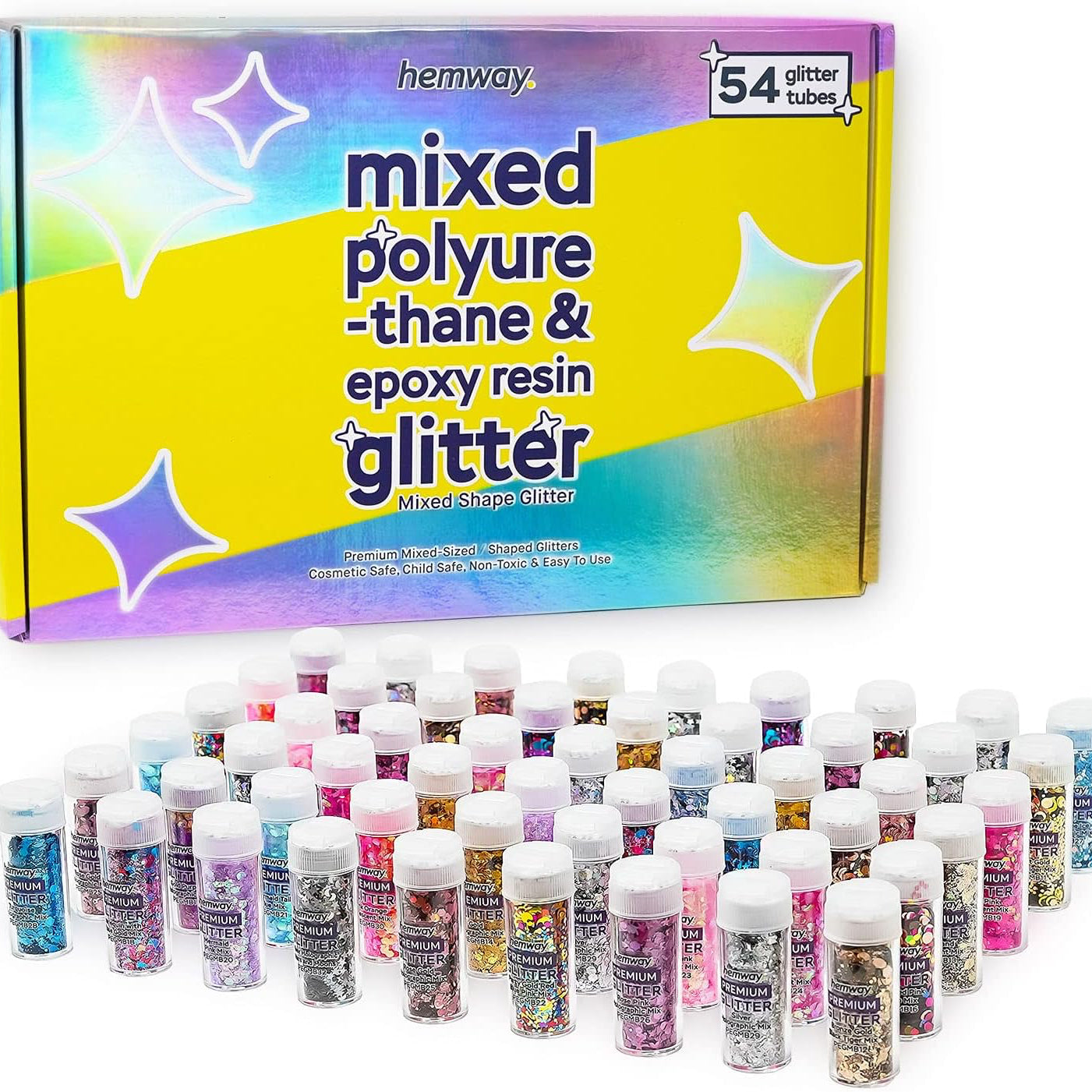 Hemway Set of 54 Glitter Tubes - Premium MIXED SIZE & SHAPE Multipurpose Glitter