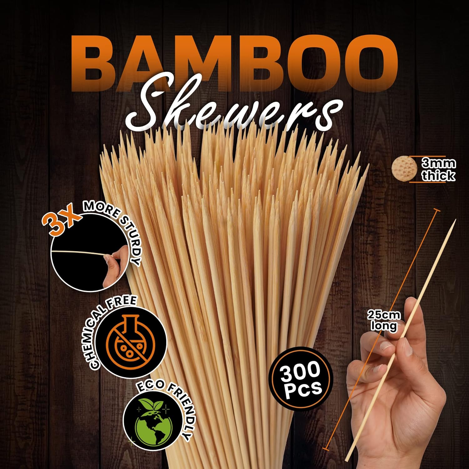 Hana Essentials Bamboo Skewers Pack of 300 - 25cm Long / 3mm Diameter