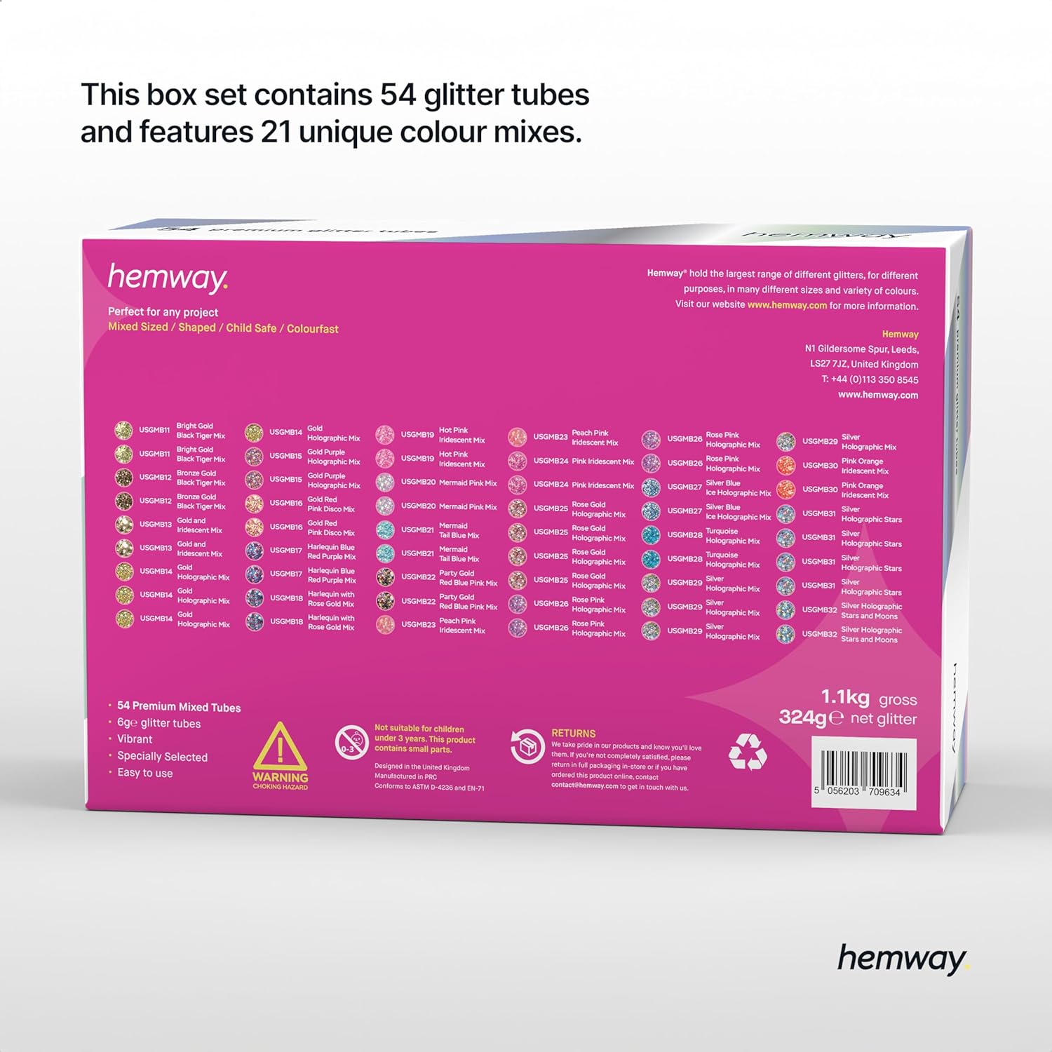 Hemway Set of 54 ULTRA SPARKLE Glitter Tubes - Premium MIXED SIZE & SHAPE Multipurpose Glitter