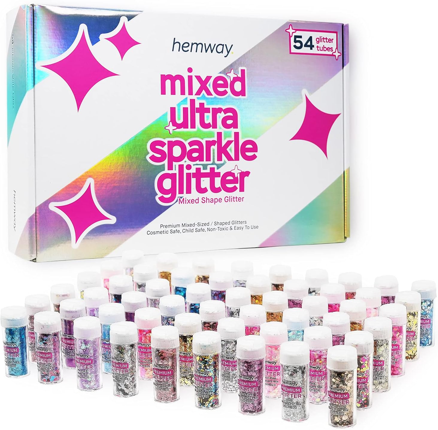 Hemway Set of 54 ULTRA SPARKLE Glitter Tubes - Premium MIXED SIZE & SHAPE Multipurpose Glitter