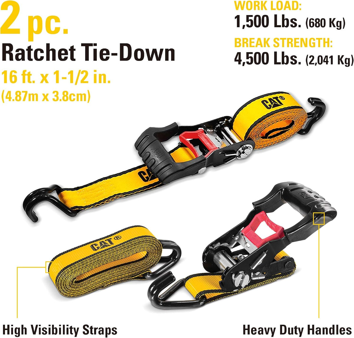 Caterpillar Ratchet Tie Down with Soft Hooks. 16 ft x 1.5 in- 2 pack