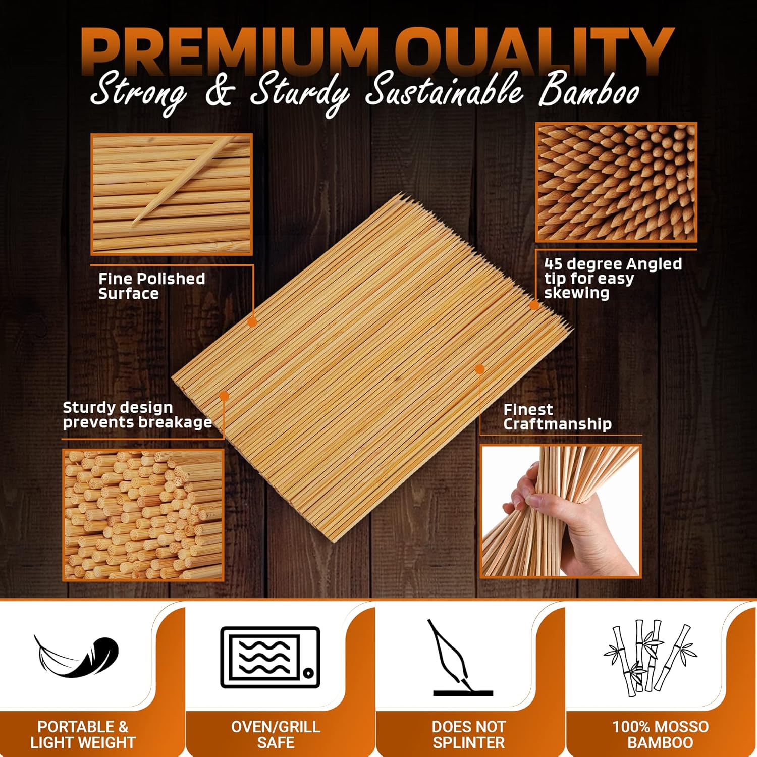 Hana Essentials Bamboo Skewers Pack of 300 - 25cm Long / 3mm Diameter