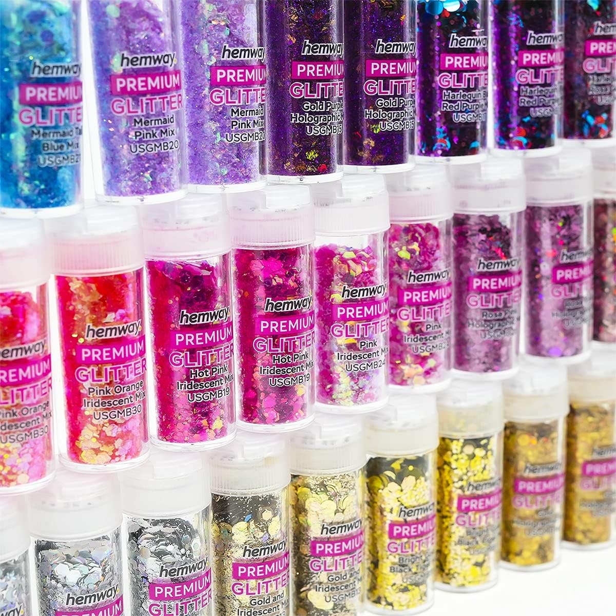 Hemway Set of 54 ULTRA SPARKLE Glitter Tubes - Premium MIXED SIZE & SHAPE Multipurpose Glitter