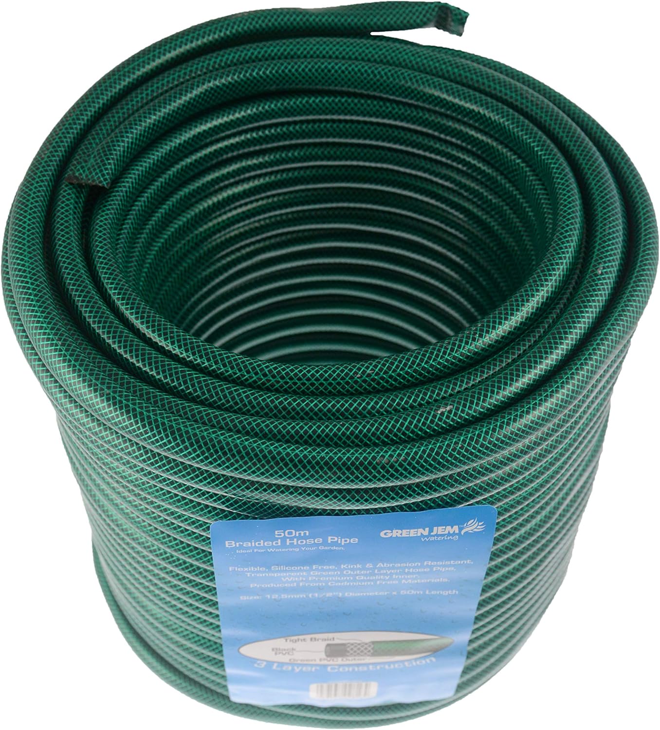 Green Jem 50m Green Braided Hose Pipe - 50m