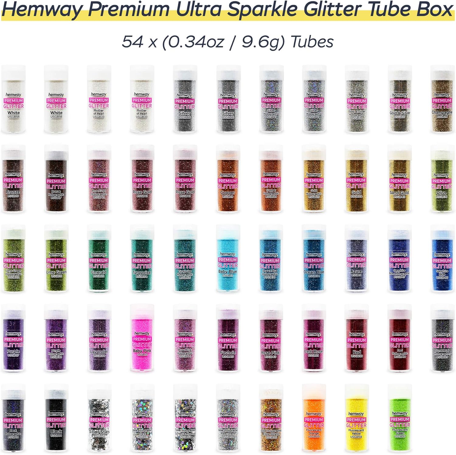 Hemway Set of 54 ULTRA SPARKLE Glitter Tubes - Premium ULTRA FINE Multipurpose Glitter