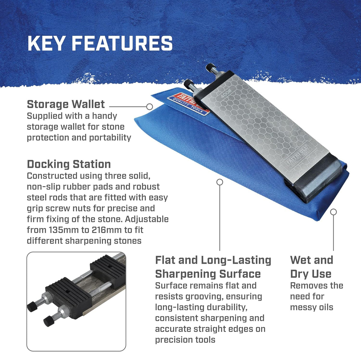 Faithfull Diamond Sharpening Stone Kit – Whetstone with Docking Station & Storage Wallet 400/1000 Grit