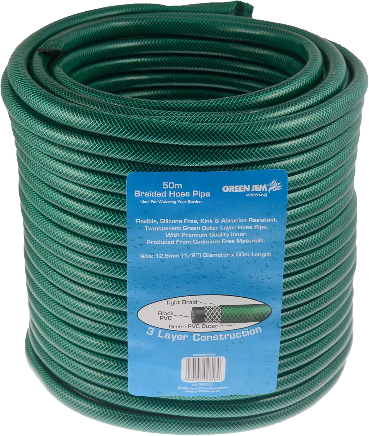 Green Jem 50m Green Braided Hose Pipe - 50m