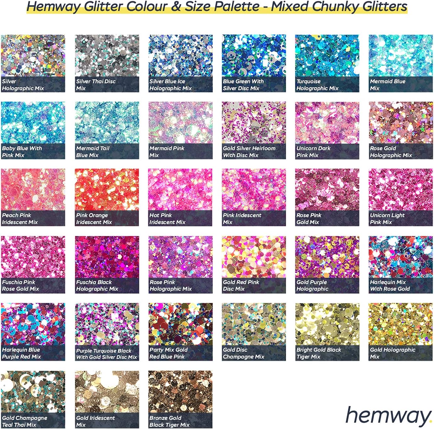 Hemway Set of 54 ULTRA SPARKLE Glitter Tubes - Premium MIXED SIZE & SHAPE Multipurpose Glitter
