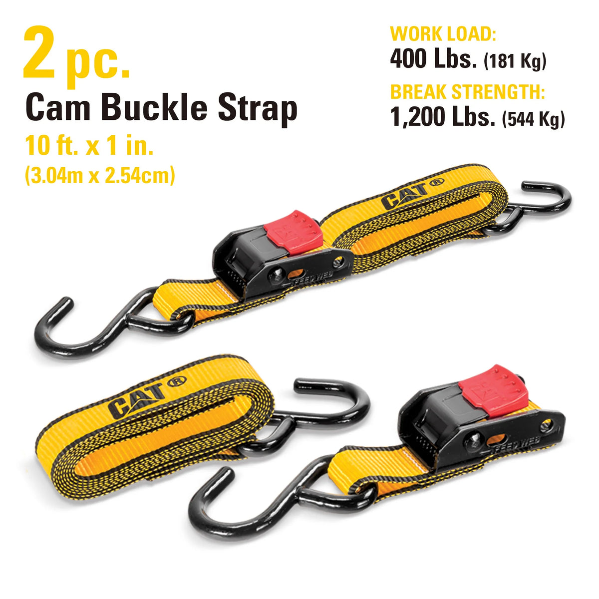 Caterpillar Cam Buckle Sets with Scratch Resistant Hooks. 10ft. x 1in. - 2 pack