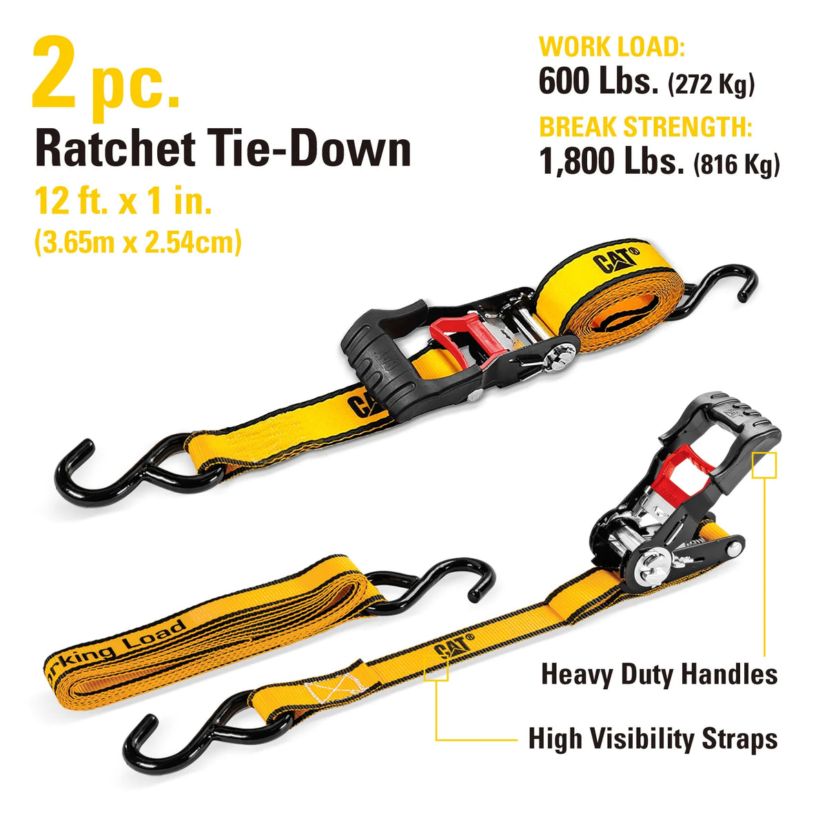 Caterpillar Ratchet Tie Downs with Scratch Resistant Hooks 12 ft x 1 in - 2 pack
