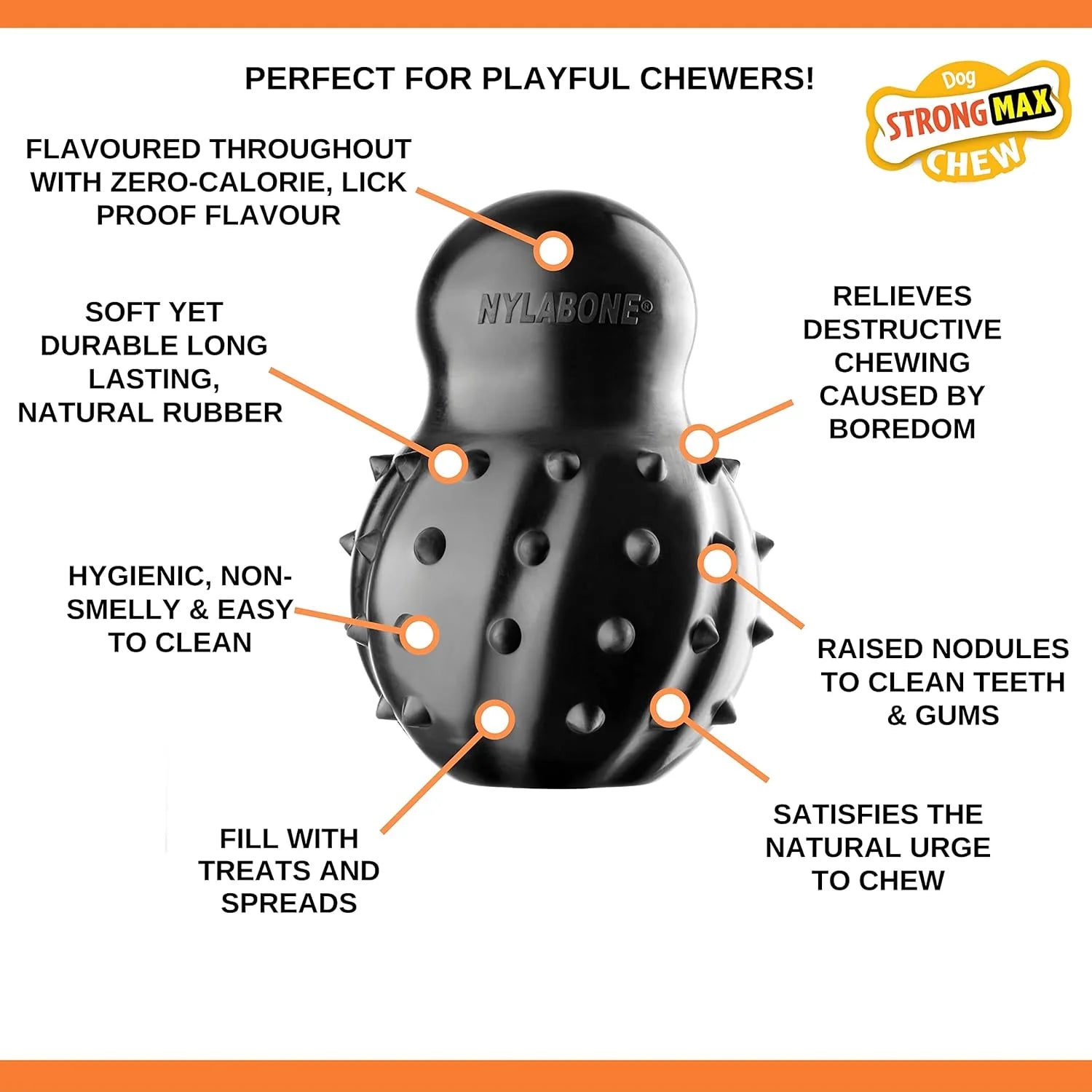 Nylabone Max Strength Rubber Cone Dog Chew Toy, Beef Flavour, Stuff with Treats, Large, for dogs 0-23kg, Black