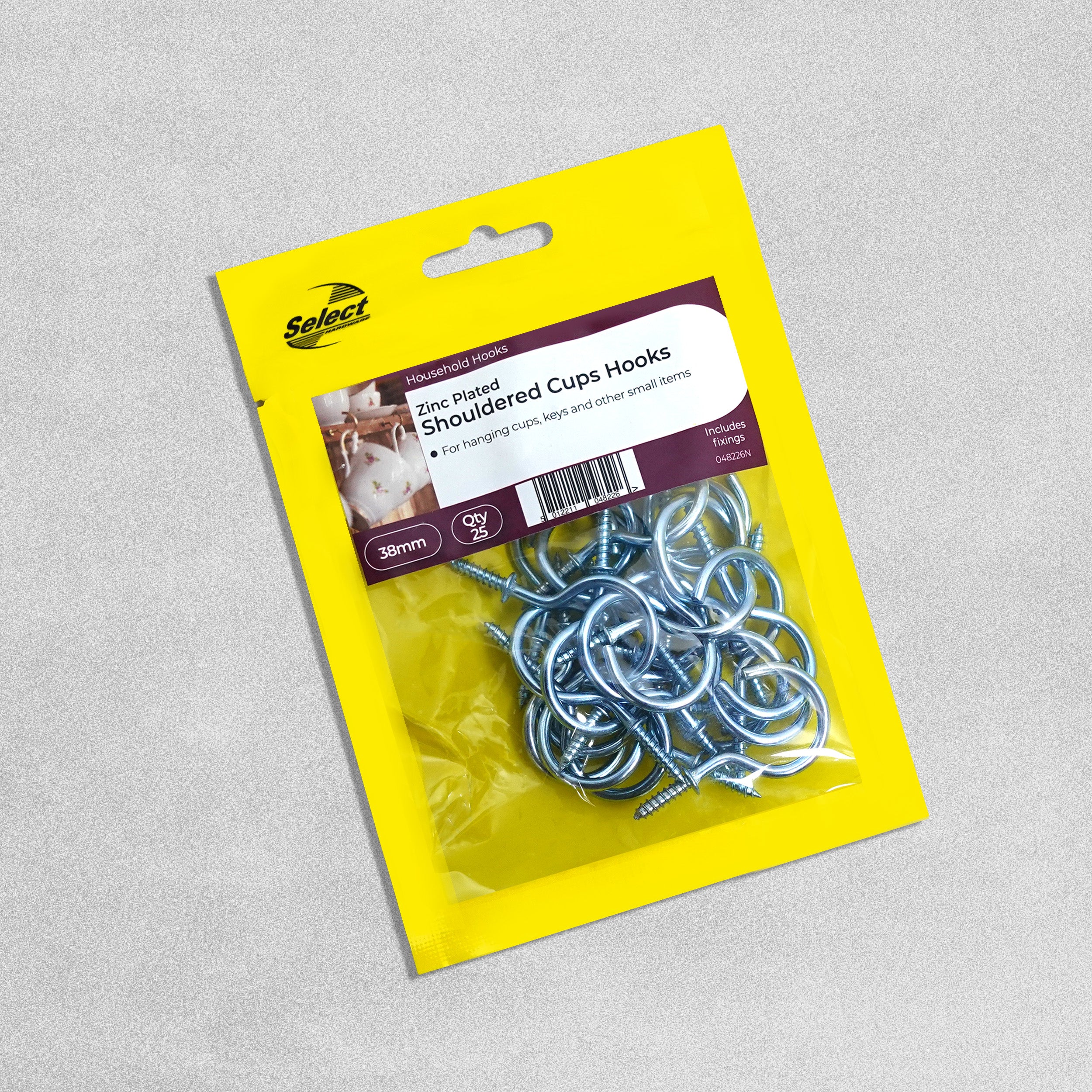Select Zinc Plated Shouldered Cup Hooks 38mm 25pk