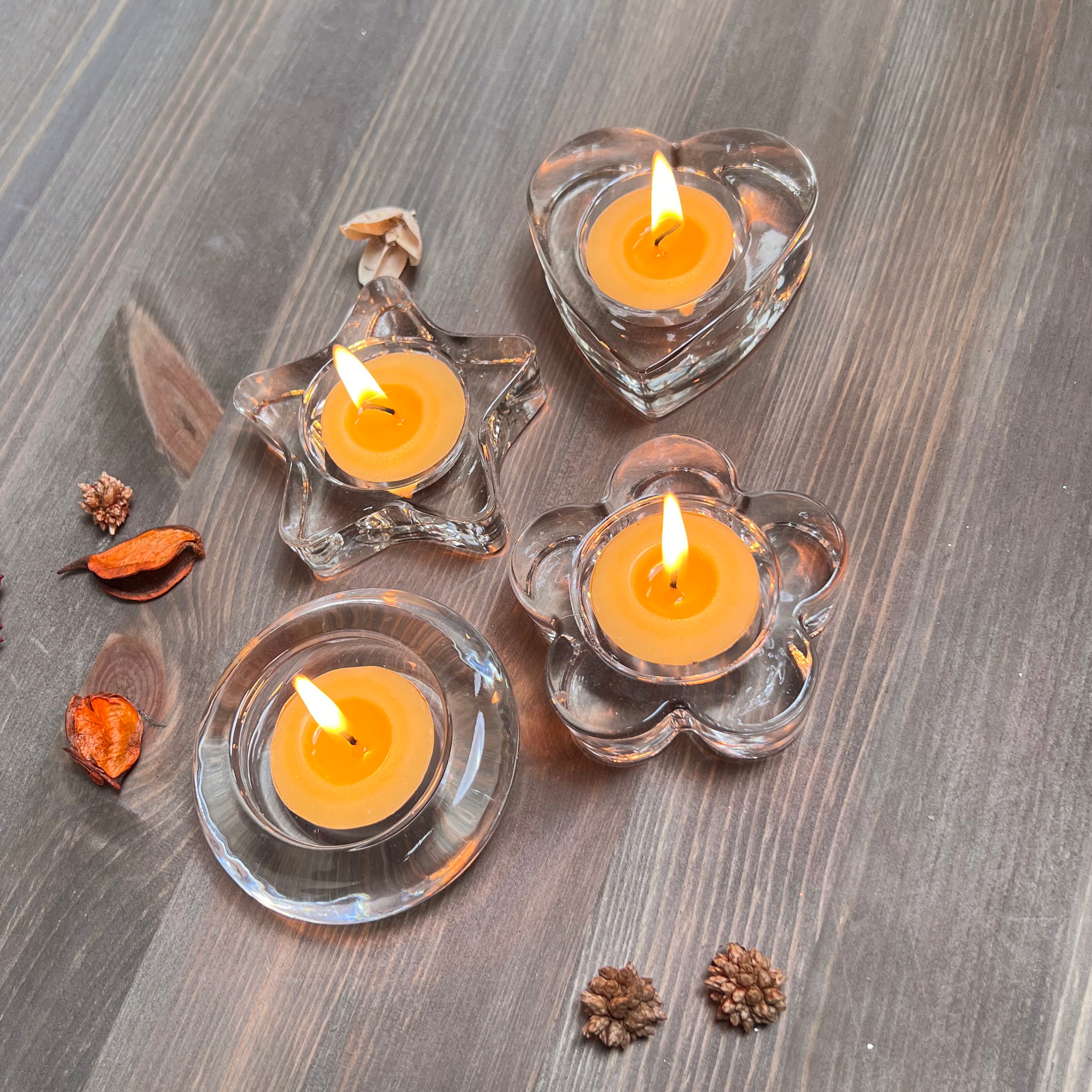 Set of 4 Clear Glass Tealight Holders, Various Shapes, Suitable for 4cm Diameter Tealights Candles
