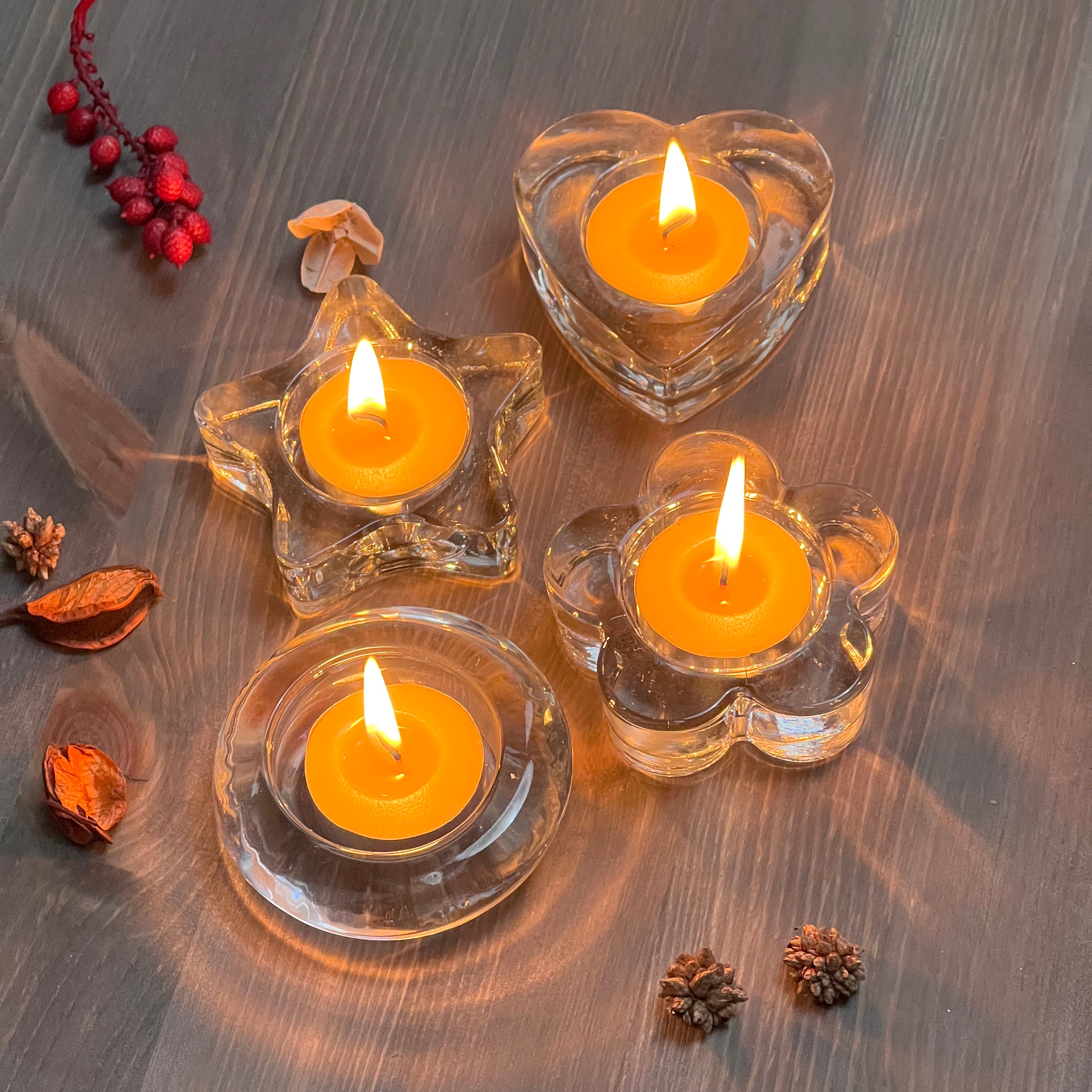 Set of 4 Clear Glass Tealight Holders, Various Shapes, Suitable for 4cm Diameter Tealights Candles
