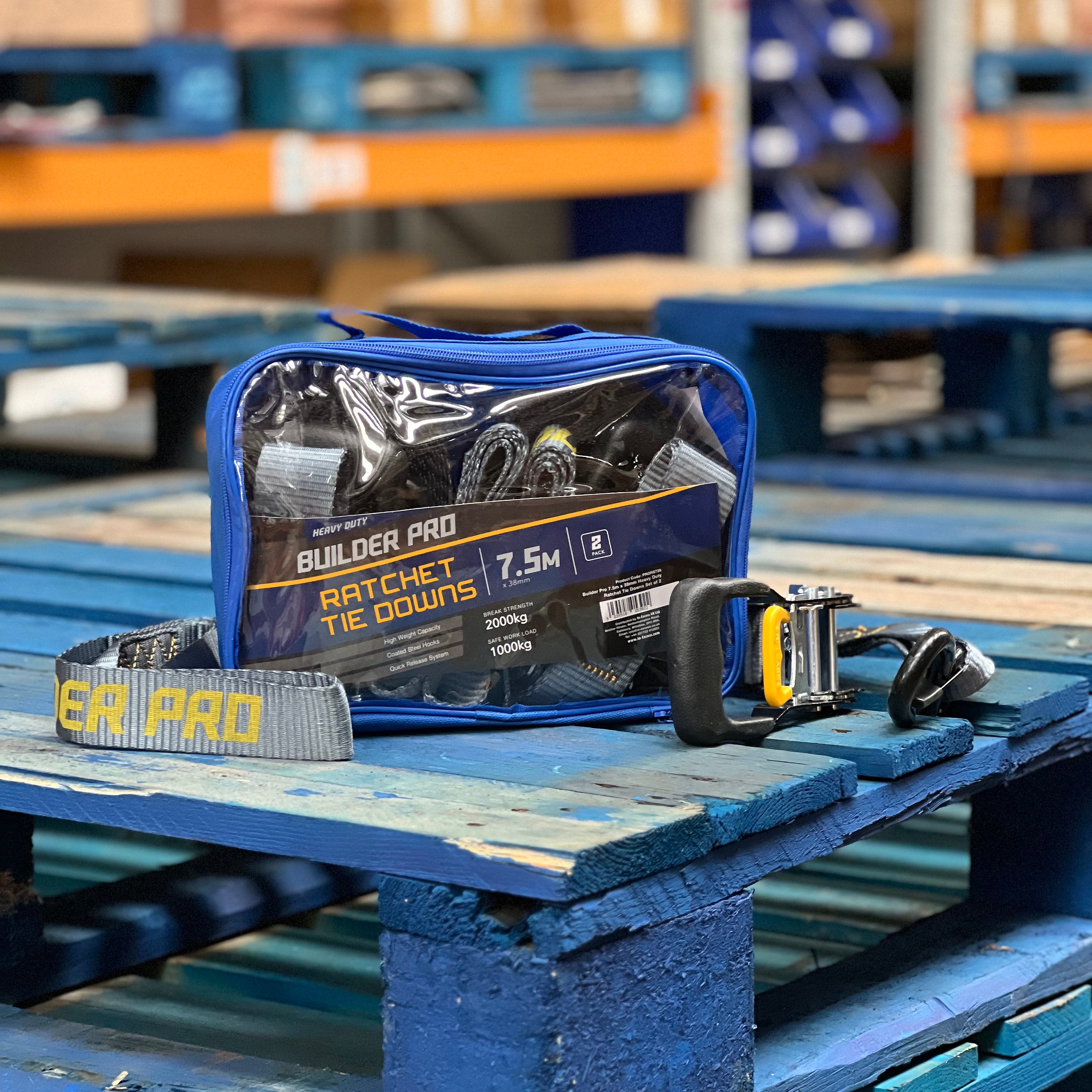 Builder Pro Heavy Duty Ratchet Tie Downs - 2pcs - 7.5m x 38mm