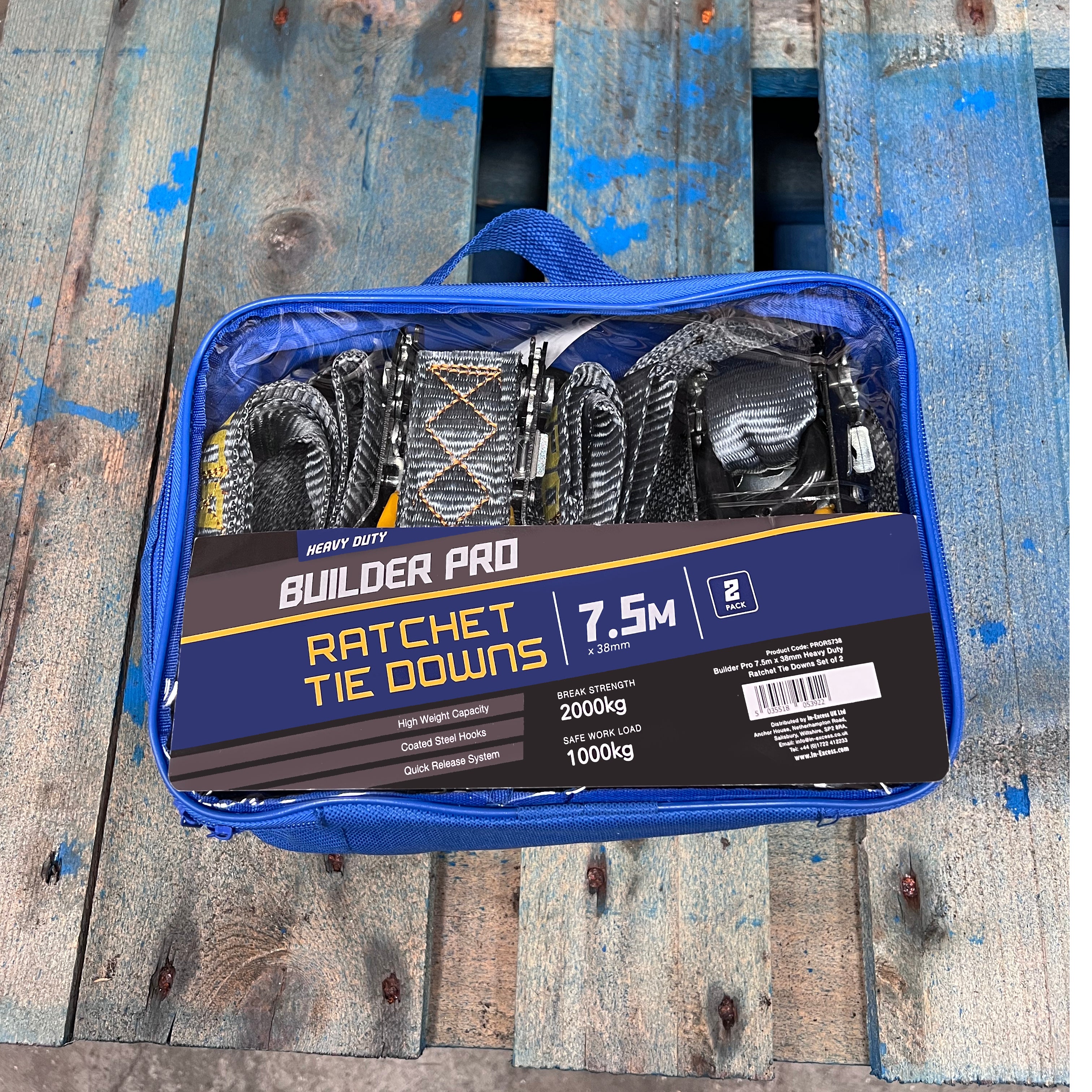 Builder Pro Heavy Duty Ratchet Tie Downs - 2pcs - 7.5m x 38mm