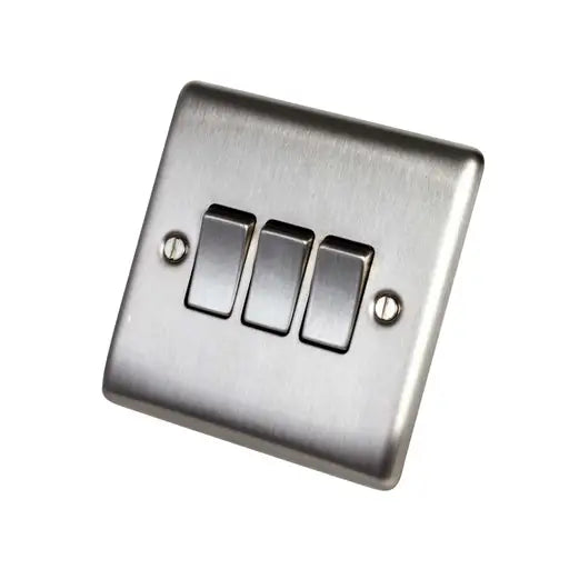 BG Nexus Metal Triple Light Switch 10AX 2 Way - Brushed Steel