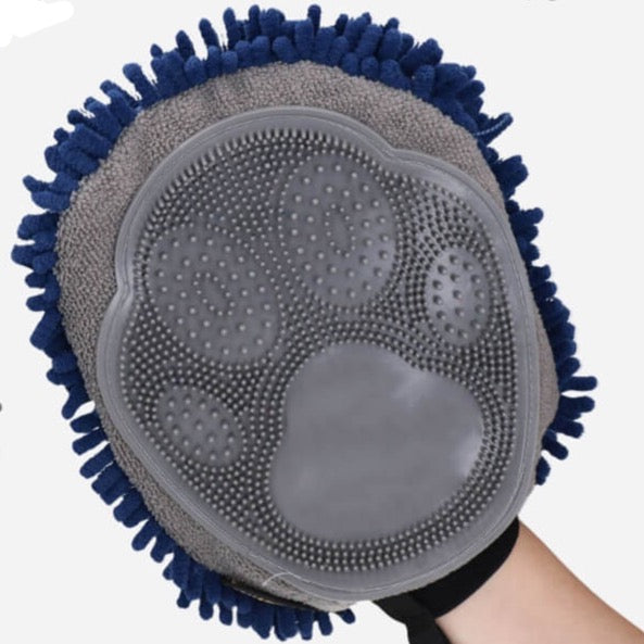 Pet Living 2 In 1 Grooming & Drying Mitt - Grey / Blue