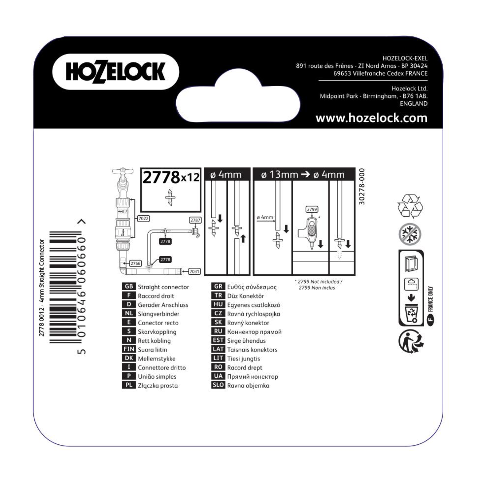 Hozelock 2778 Straight Connectors 4mm & 13mm - Pack of 10