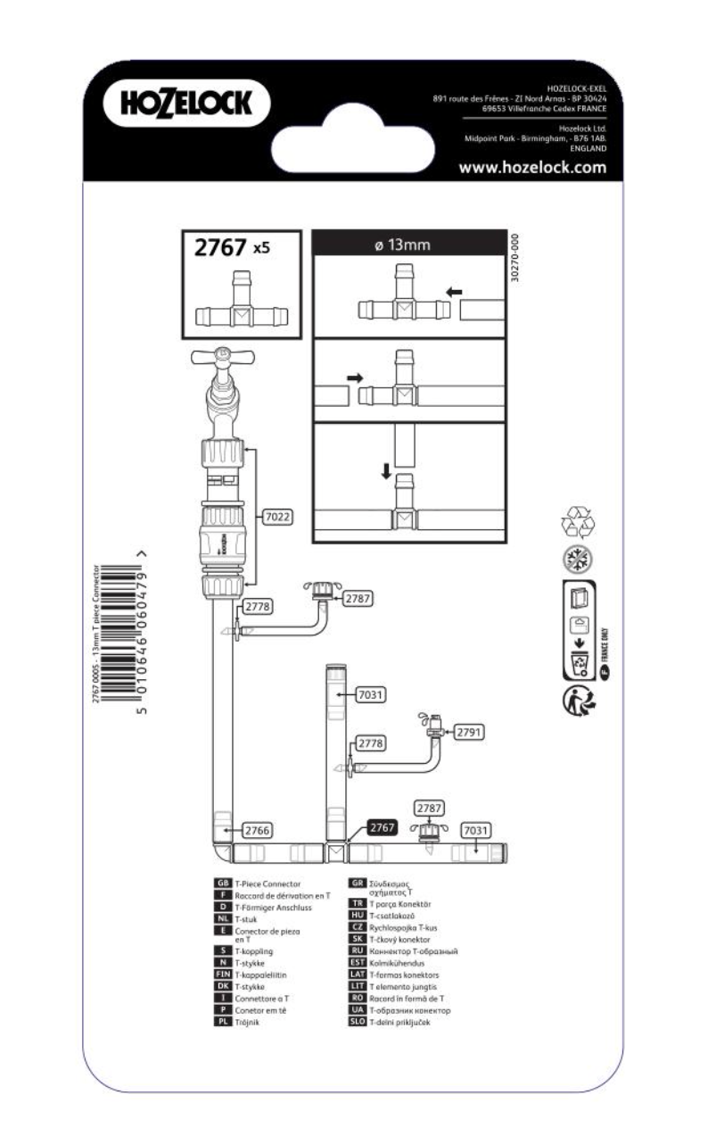 Hozelock 2767 T Piece 13mm - Pack of 5